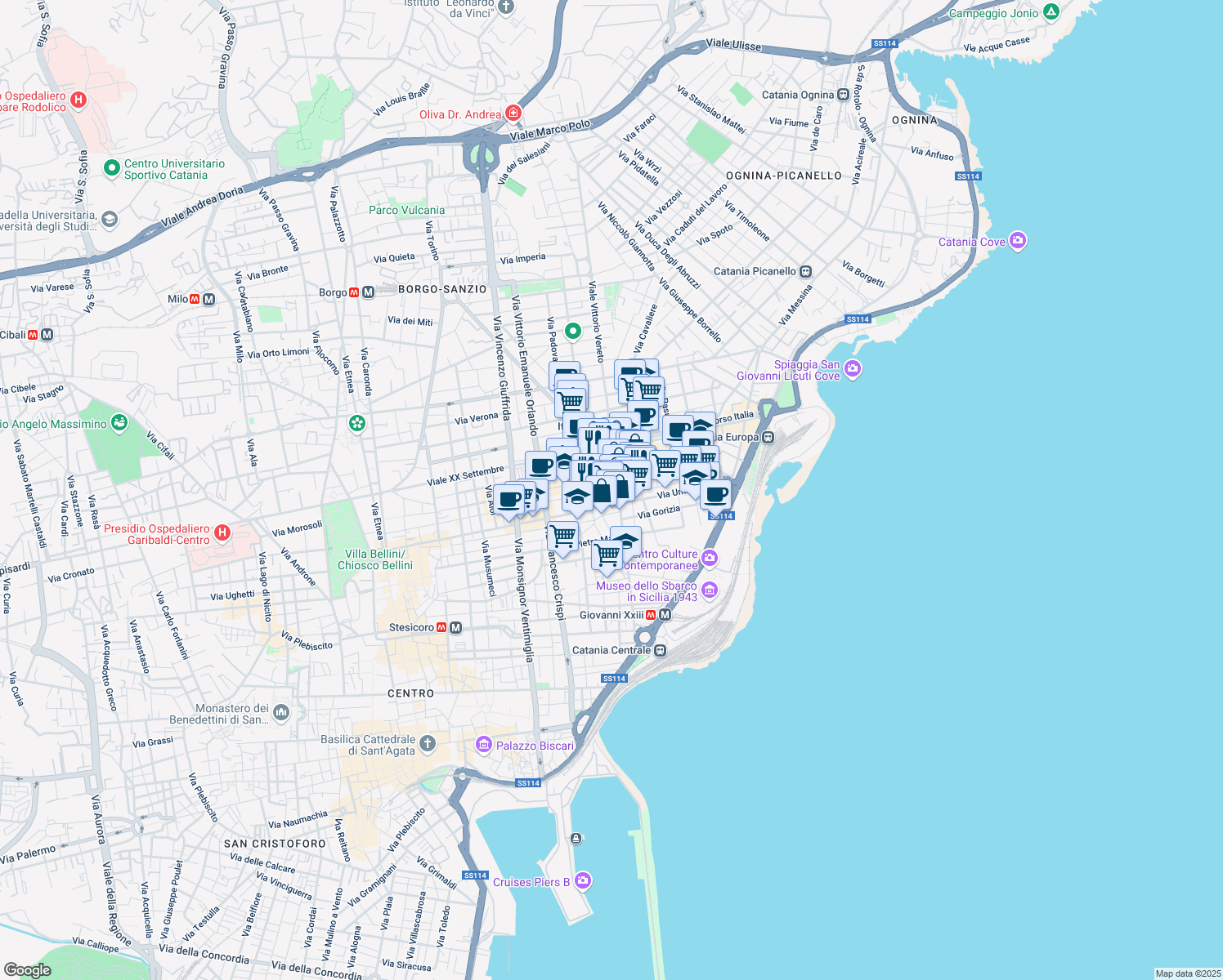 map of restaurants, bars, coffee shops, grocery stores, and more near in Province of Catania