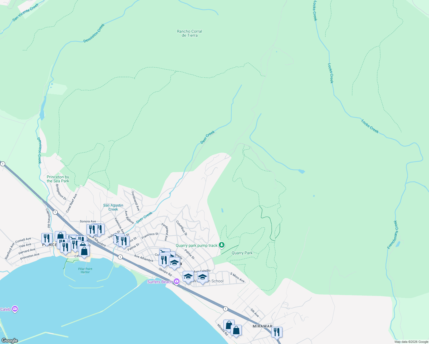 map of restaurants, bars, coffee shops, grocery stores, and more near 106 Dolphine Avenue in Half Moon Bay