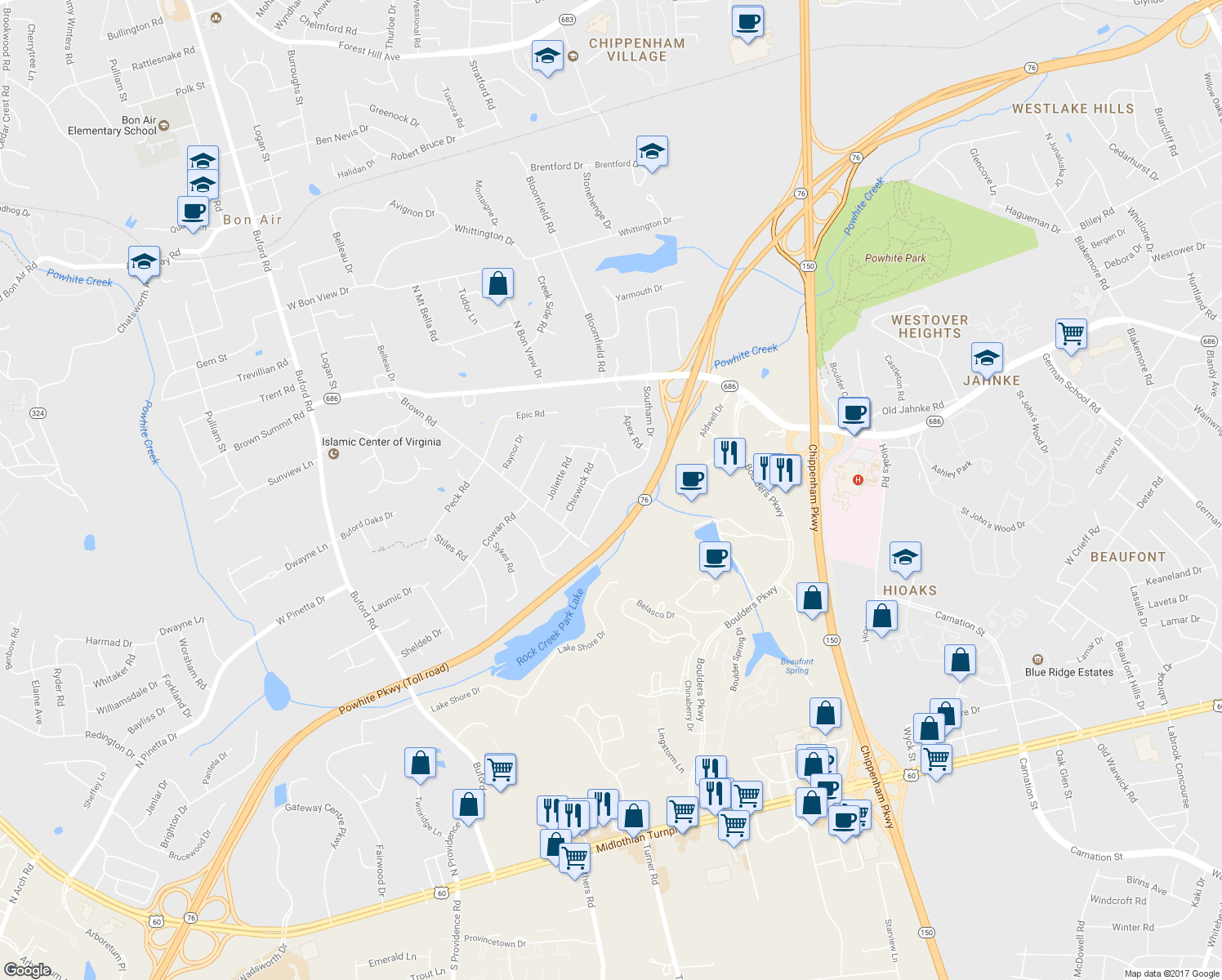 map of restaurants, bars, coffee shops, grocery stores, and more near 1107 Southam Drive in Richmond