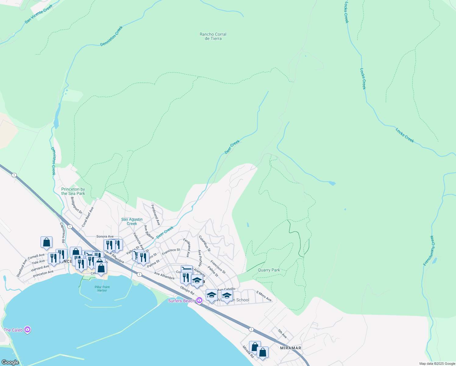 map of restaurants, bars, coffee shops, grocery stores, and more near 647 El Granada Boulevard in Half Moon Bay