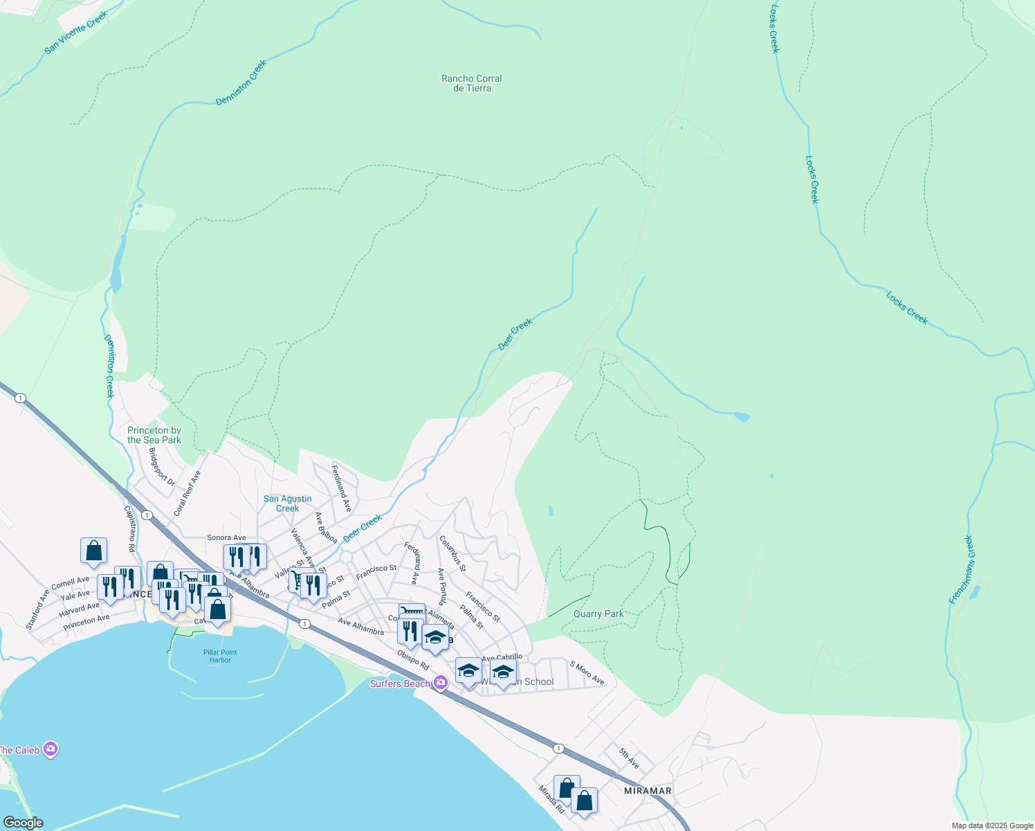 map of restaurants, bars, coffee shops, grocery stores, and more near 647 El Granada Boulevard in Half Moon Bay