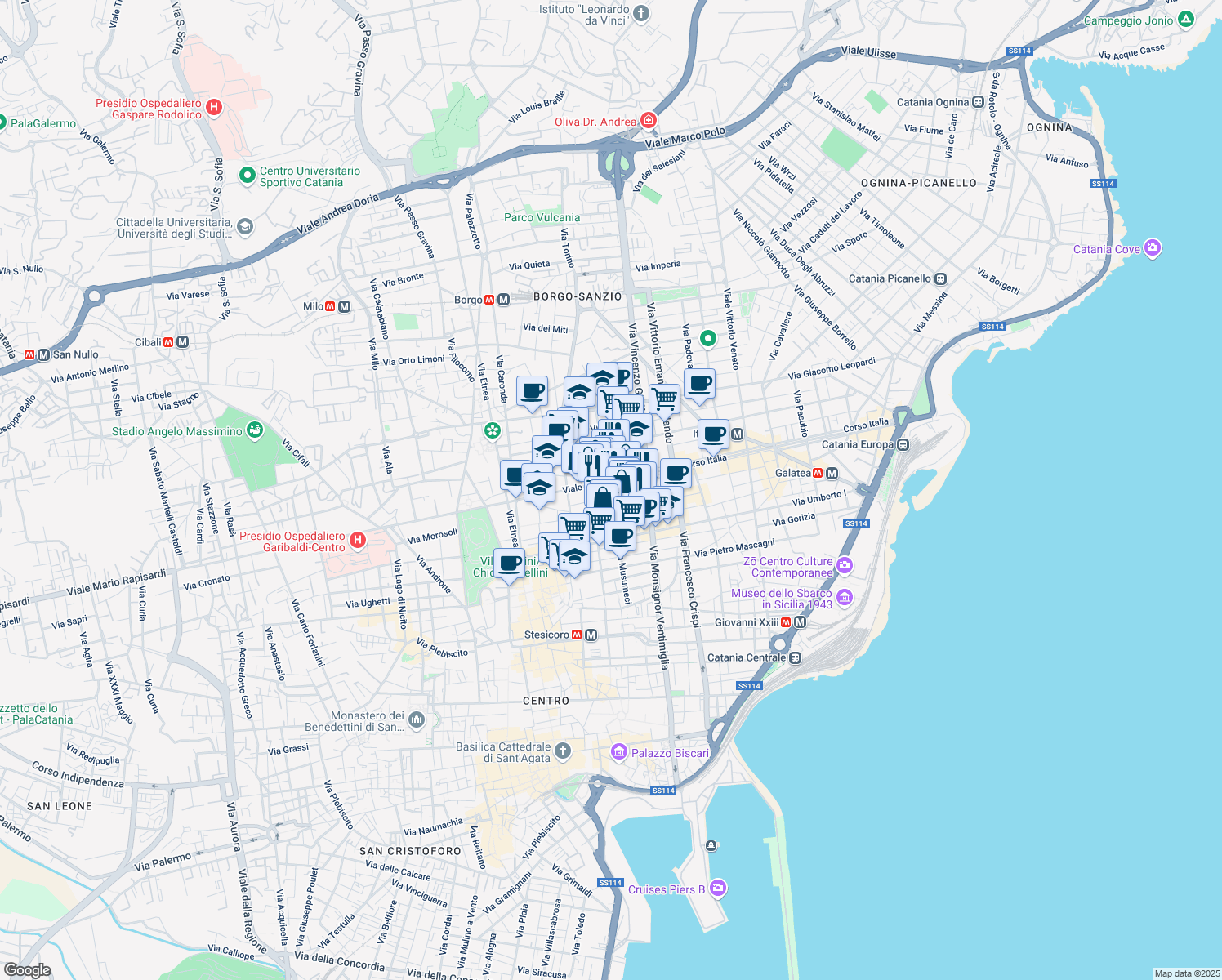 map of restaurants, bars, coffee shops, grocery stores, and more near 124 Via Musumeci in Catania