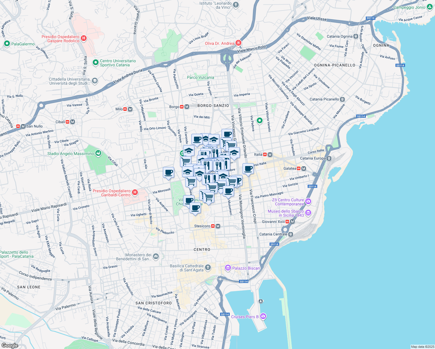 map of restaurants, bars, coffee shops, grocery stores, and more near 30 Via Pietro Toselli in Catania