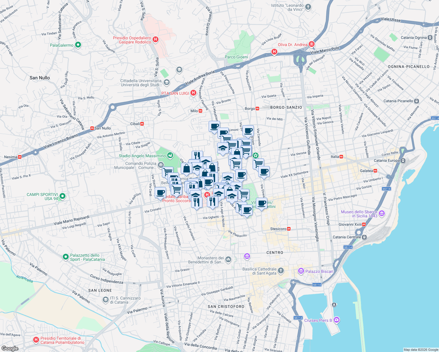 map of restaurants, bars, coffee shops, grocery stores, and more near 10/C Via Cesare Vivante in Catania