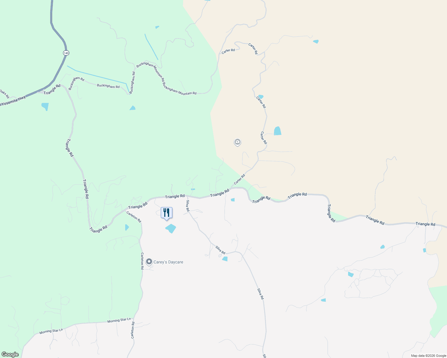 map of restaurants, bars, coffee shops, grocery stores, and more near 60-6299 Carter Road in Mariposa