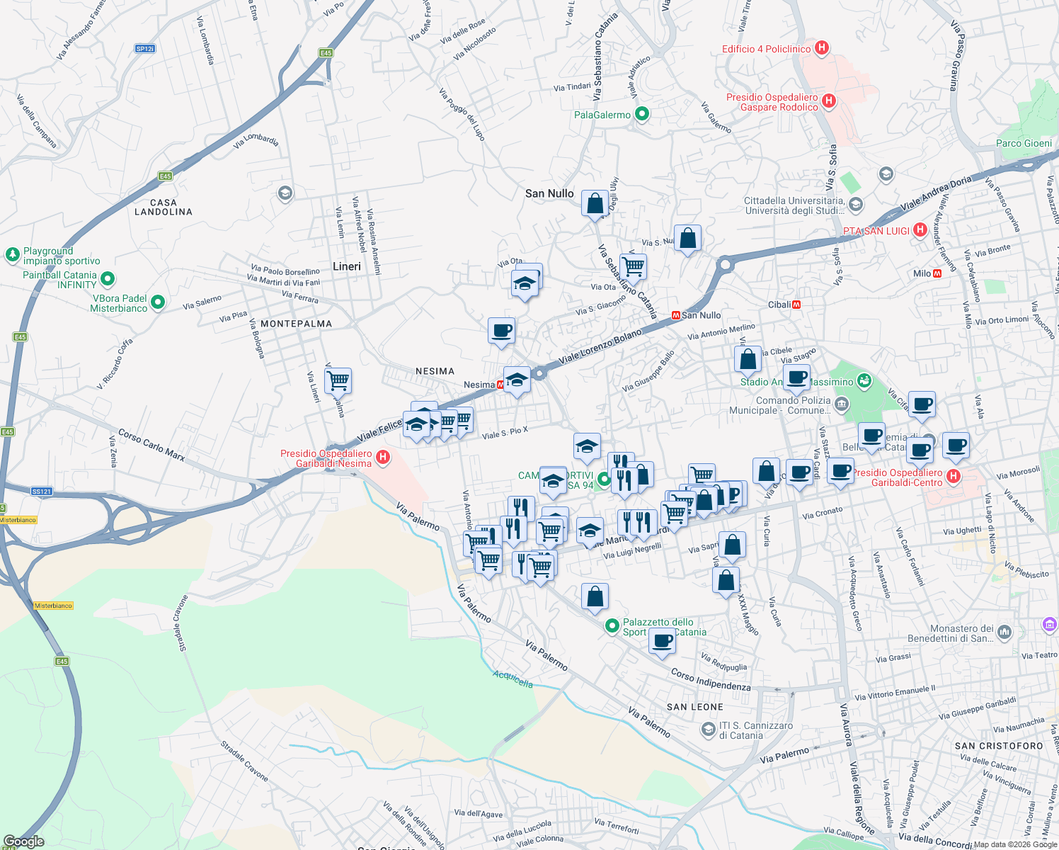 map of restaurants, bars, coffee shops, grocery stores, and more near 8 Via Galileo Galilei in Catania