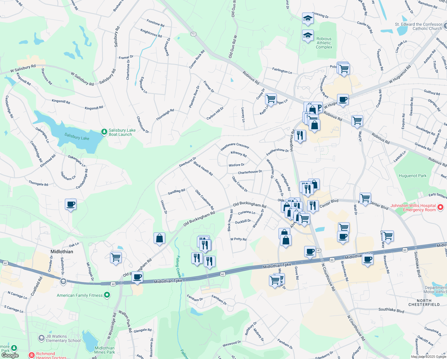 map of restaurants, bars, coffee shops, grocery stores, and more near 1507 Black Heath Road in Midlothian