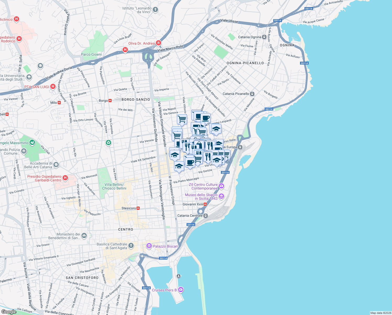 map of restaurants, bars, coffee shops, grocery stores, and more near 131 Via Vecchia Ognina in Catania