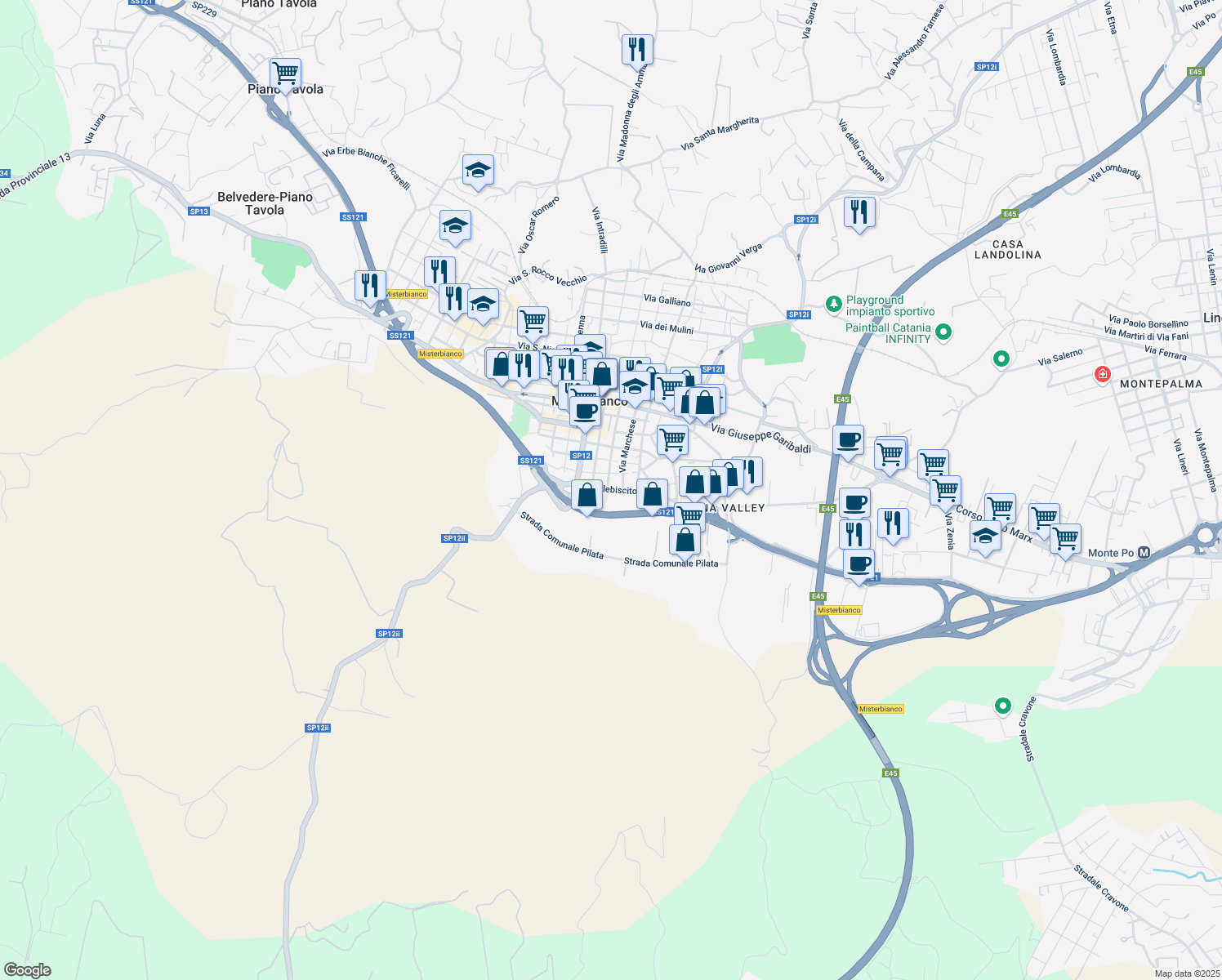 map of restaurants, bars, coffee shops, grocery stores, and more near 101 Via dei Mille in Misterbianco