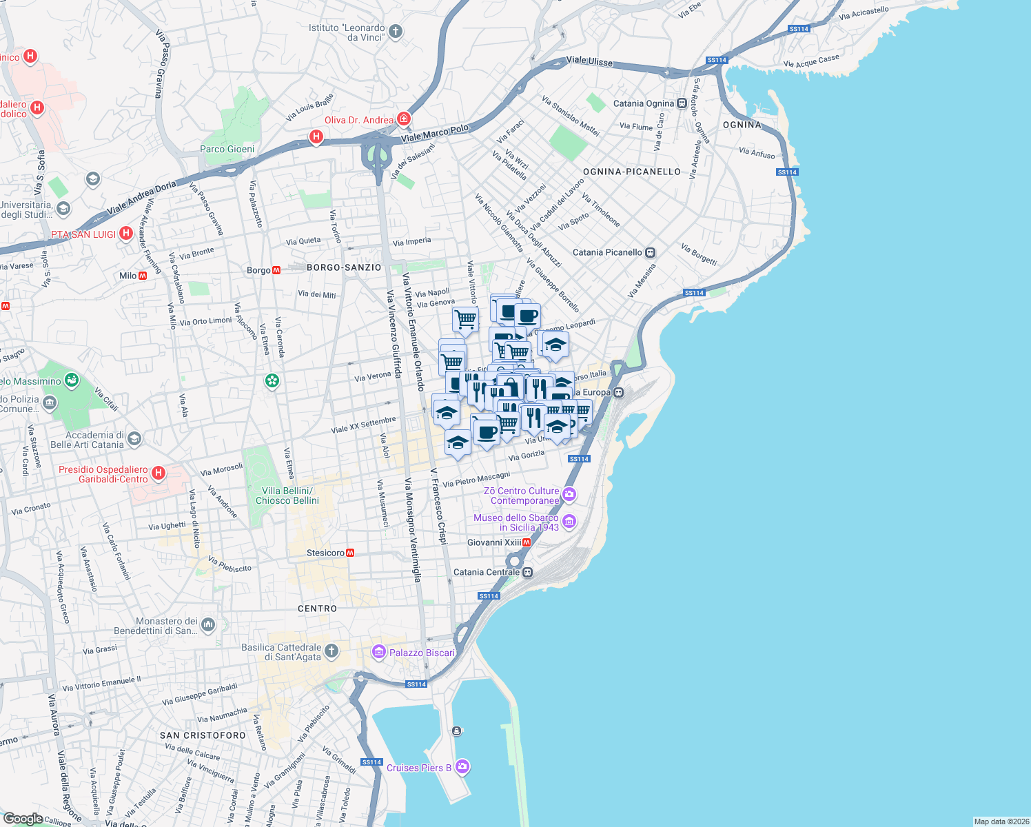 map of restaurants, bars, coffee shops, grocery stores, and more near 131 Via Vecchia Ognina in Catania