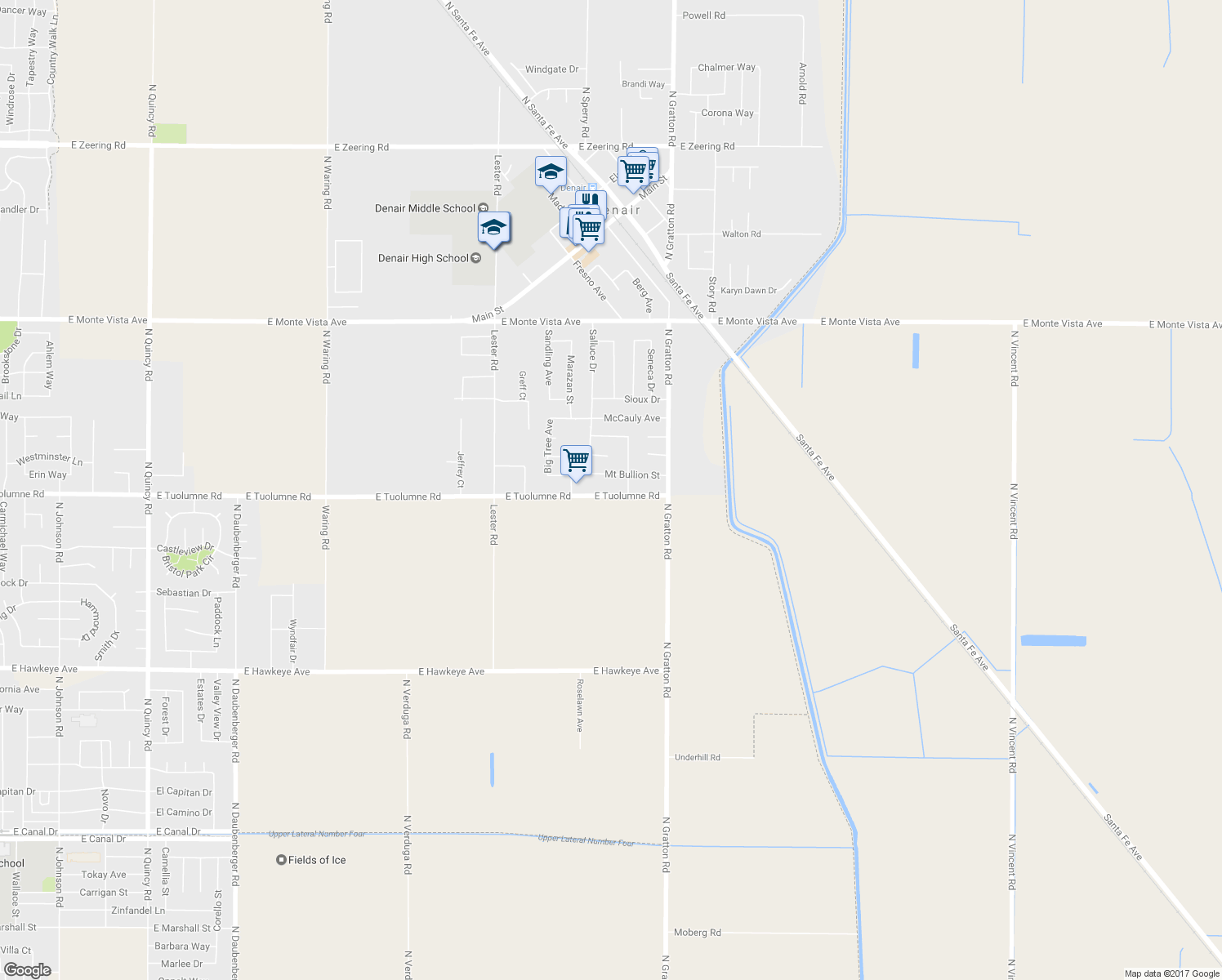 map of restaurants, bars, coffee shops, grocery stores, and more near 4505 East Tuolumne Road in Denair