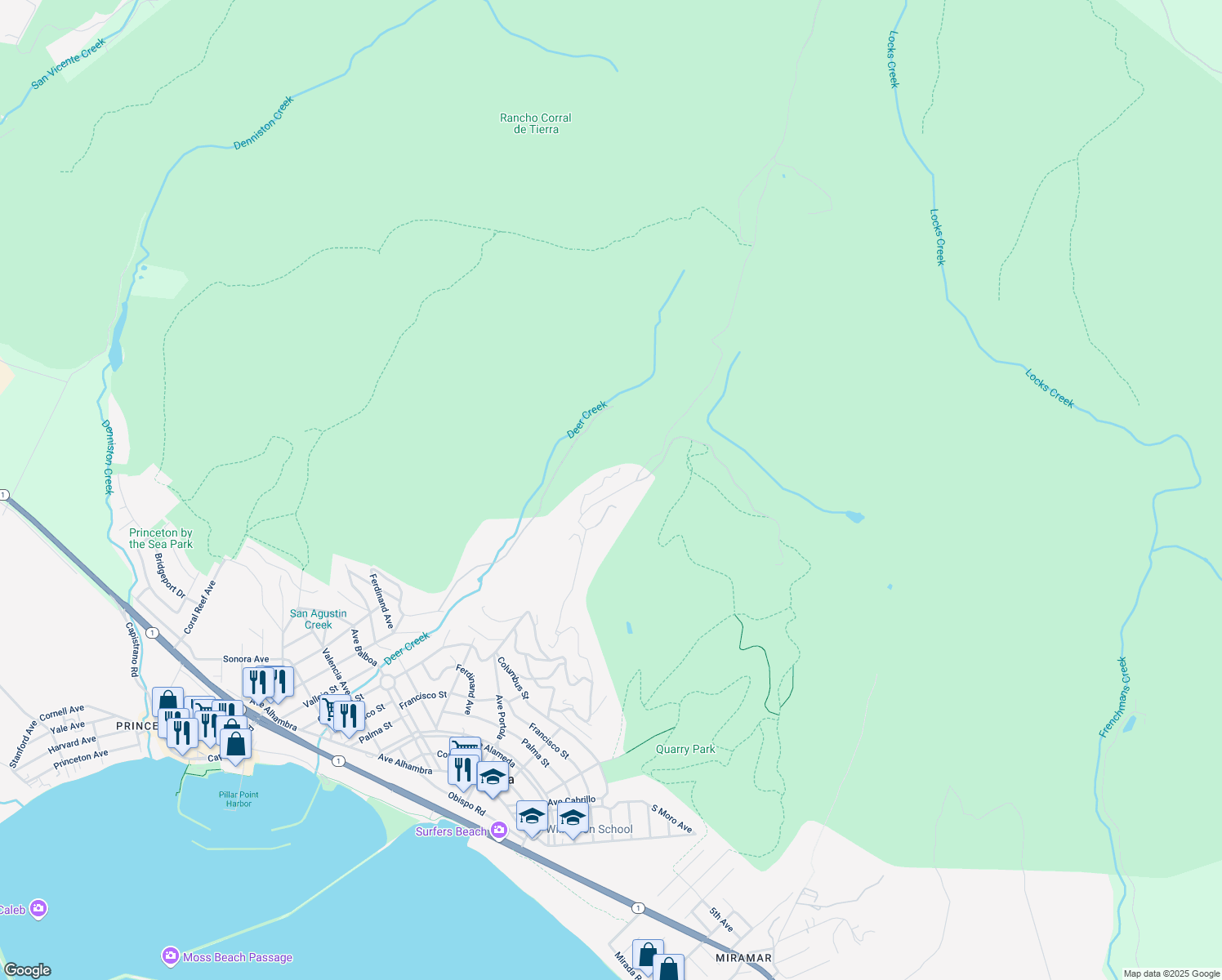map of restaurants, bars, coffee shops, grocery stores, and more near 739 El Granada Boulevard in Half Moon Bay
