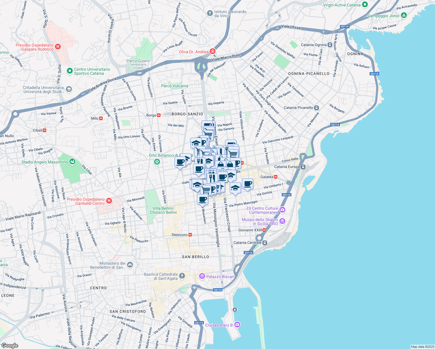 map of restaurants, bars, coffee shops, grocery stores, and more near 243 Corso Italia in Catania