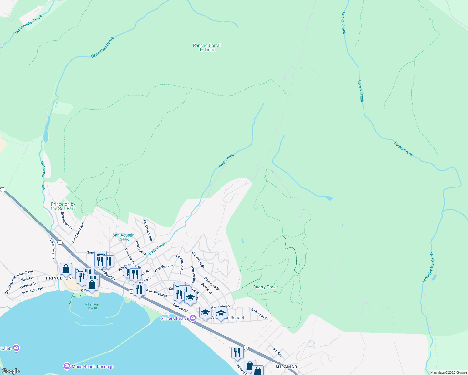 map of restaurants, bars, coffee shops, grocery stores, and more near 739 El Granada Boulevard in Half Moon Bay