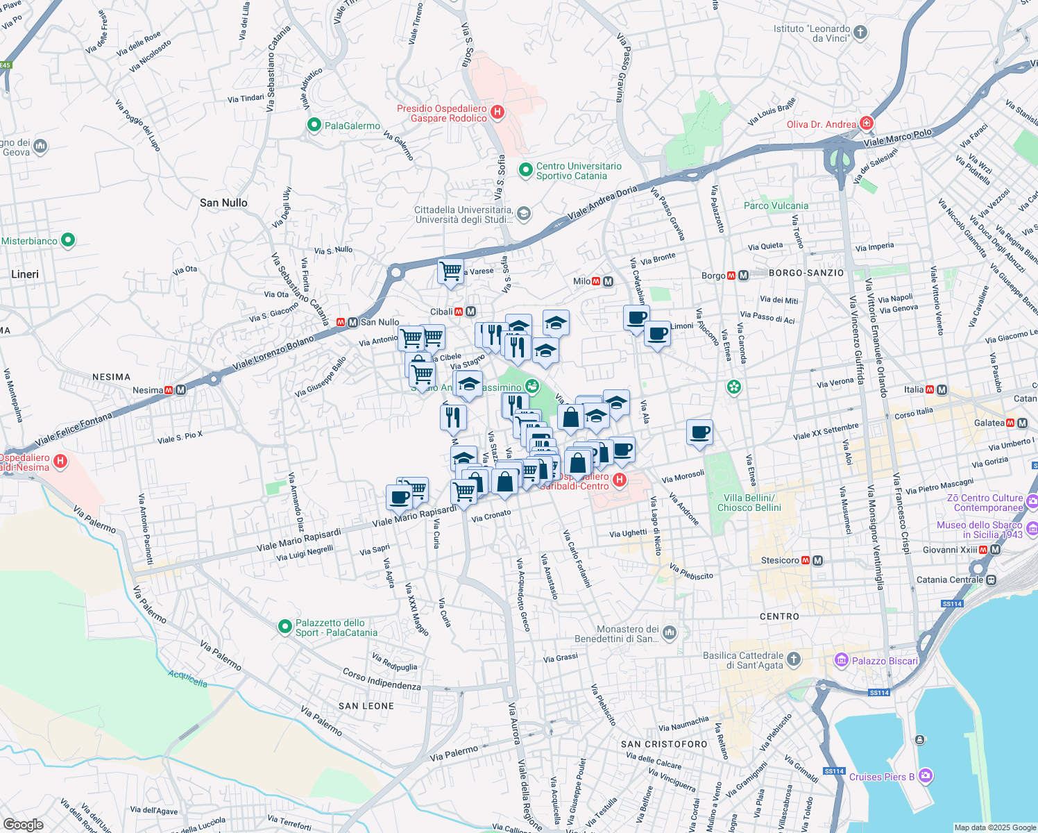 map of restaurants, bars, coffee shops, grocery stores, and more near Piazza Spedini in Catania