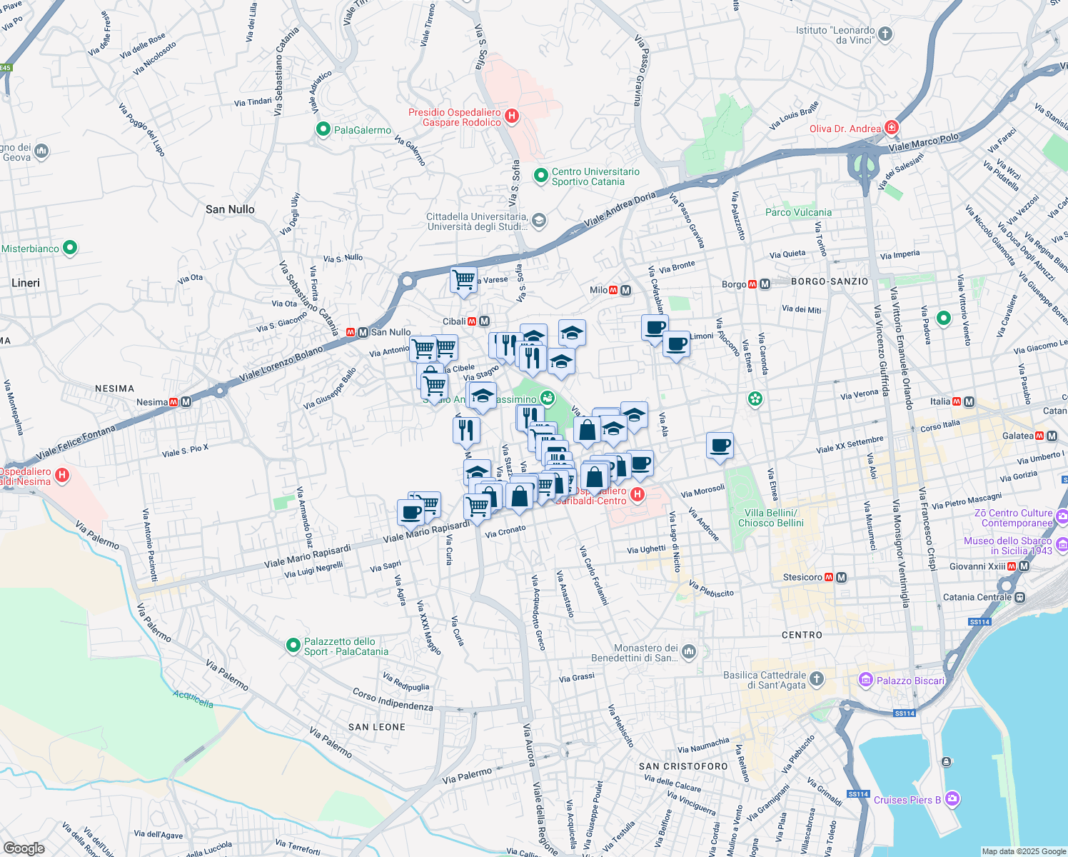 map of restaurants, bars, coffee shops, grocery stores, and more near Piazza Spedini in Catania