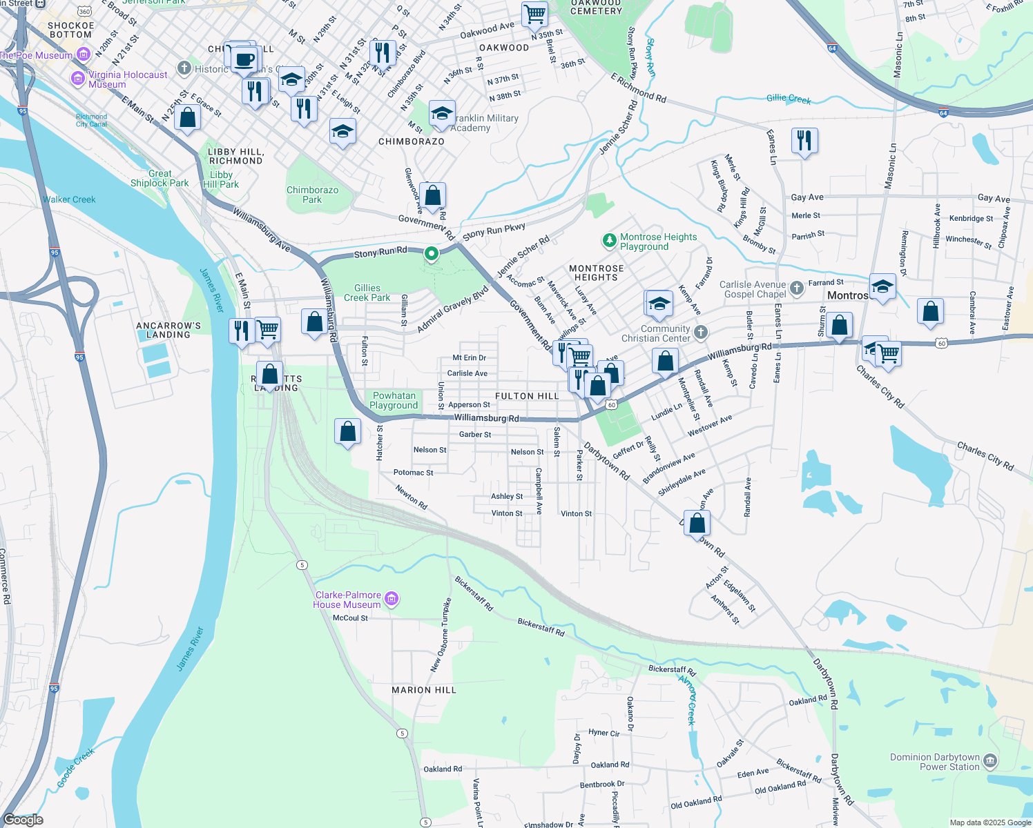 map of restaurants, bars, coffee shops, grocery stores, and more near 1414 Williamsburg Road in Richmond