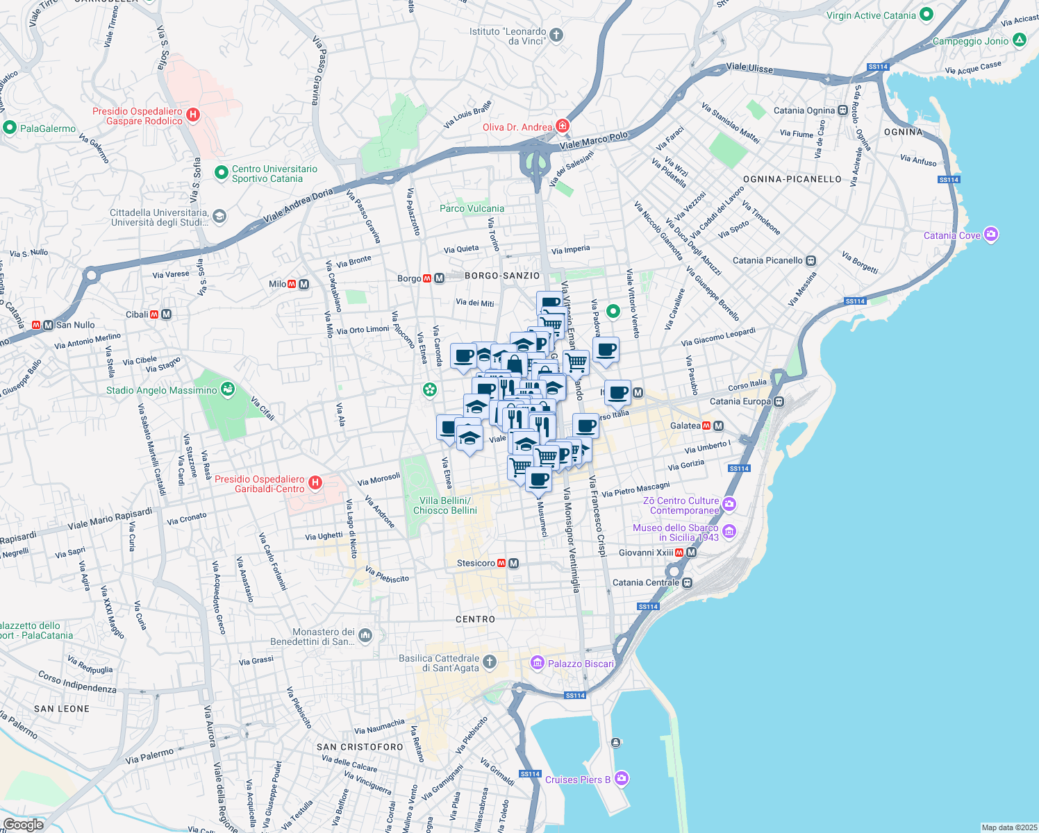 map of restaurants, bars, coffee shops, grocery stores, and more near 124 Via Musumeci in Catania