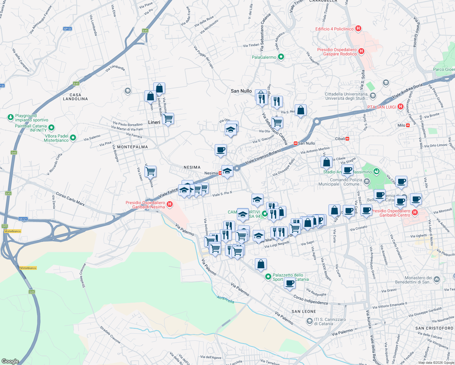 map of restaurants, bars, coffee shops, grocery stores, and more near 2-8 Via Galileo Galilei in Catania