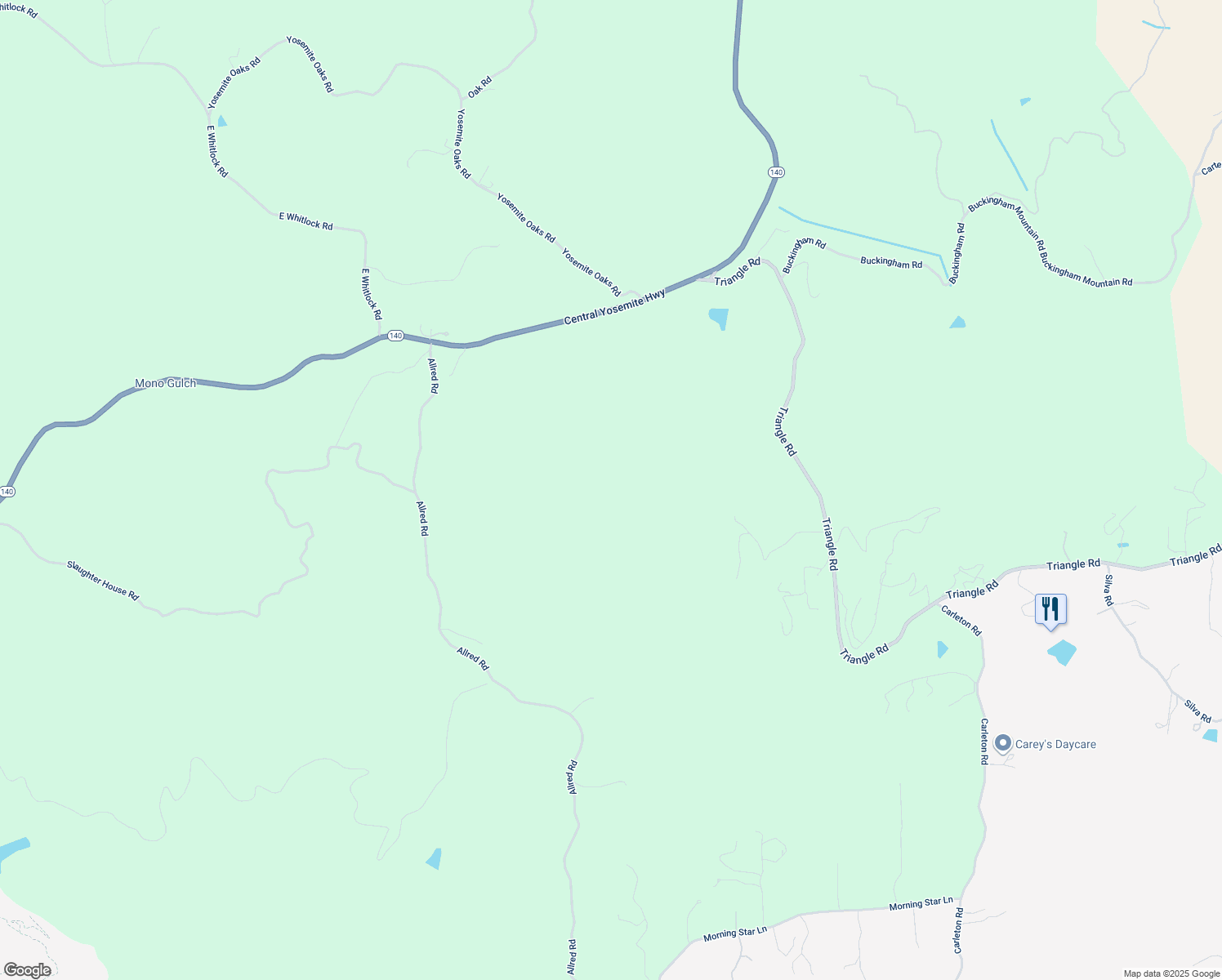 map of restaurants, bars, coffee shops, grocery stores, and more near Toyon Drive in Mariposa County