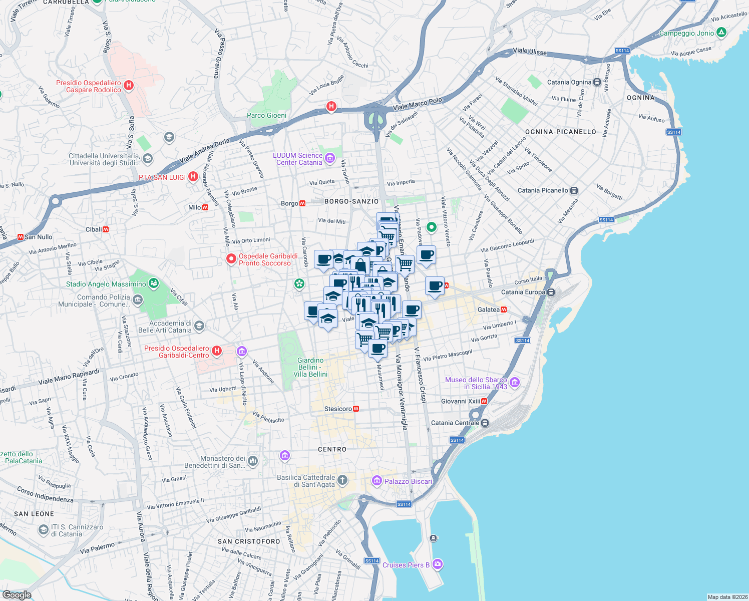 map of restaurants, bars, coffee shops, grocery stores, and more near 18 Via Filadelfo e Francesco Fichera in Catania