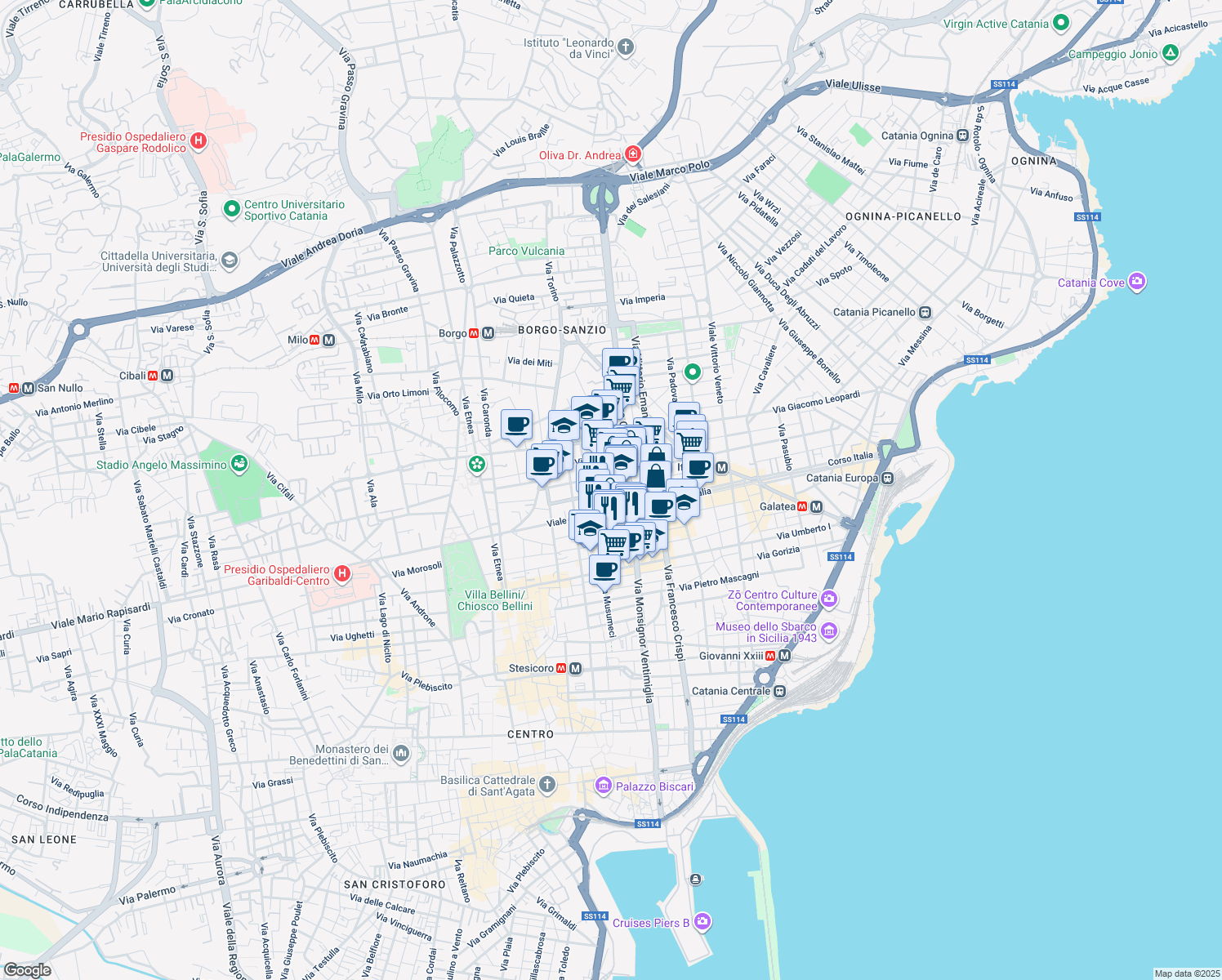 map of restaurants, bars, coffee shops, grocery stores, and more near 14 Via Francesco Riso in Catania