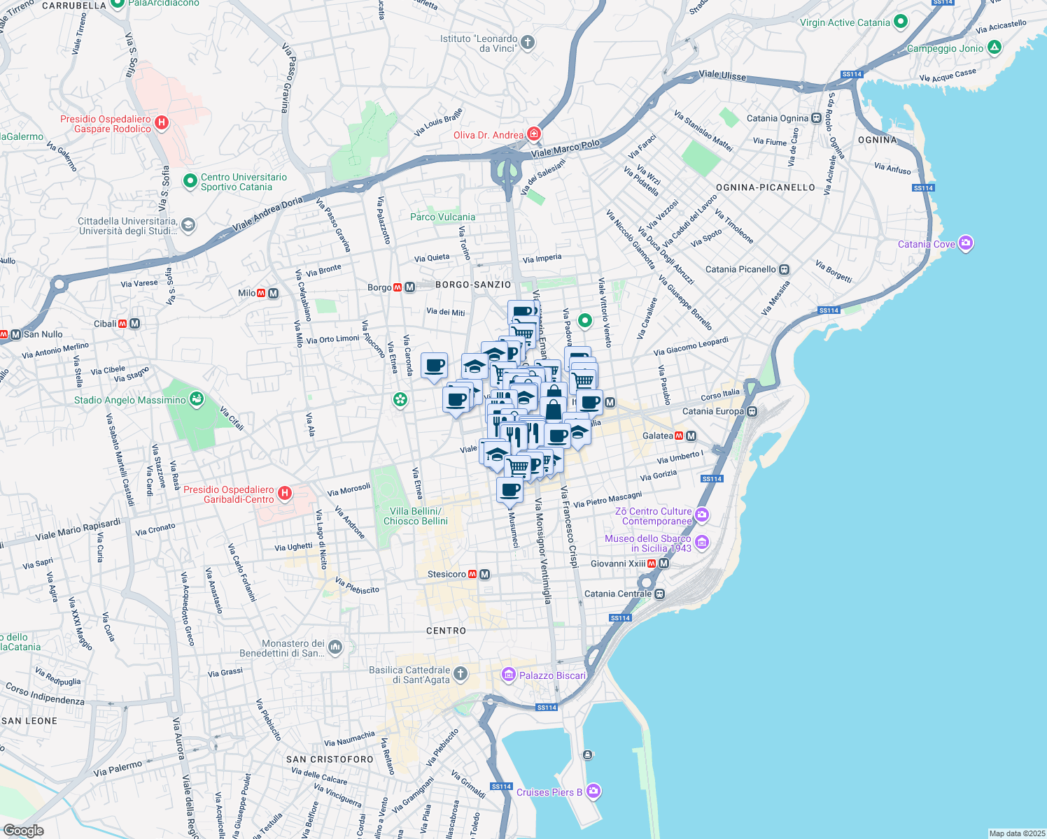 map of restaurants, bars, coffee shops, grocery stores, and more near 14 Via Francesco Riso in Catania