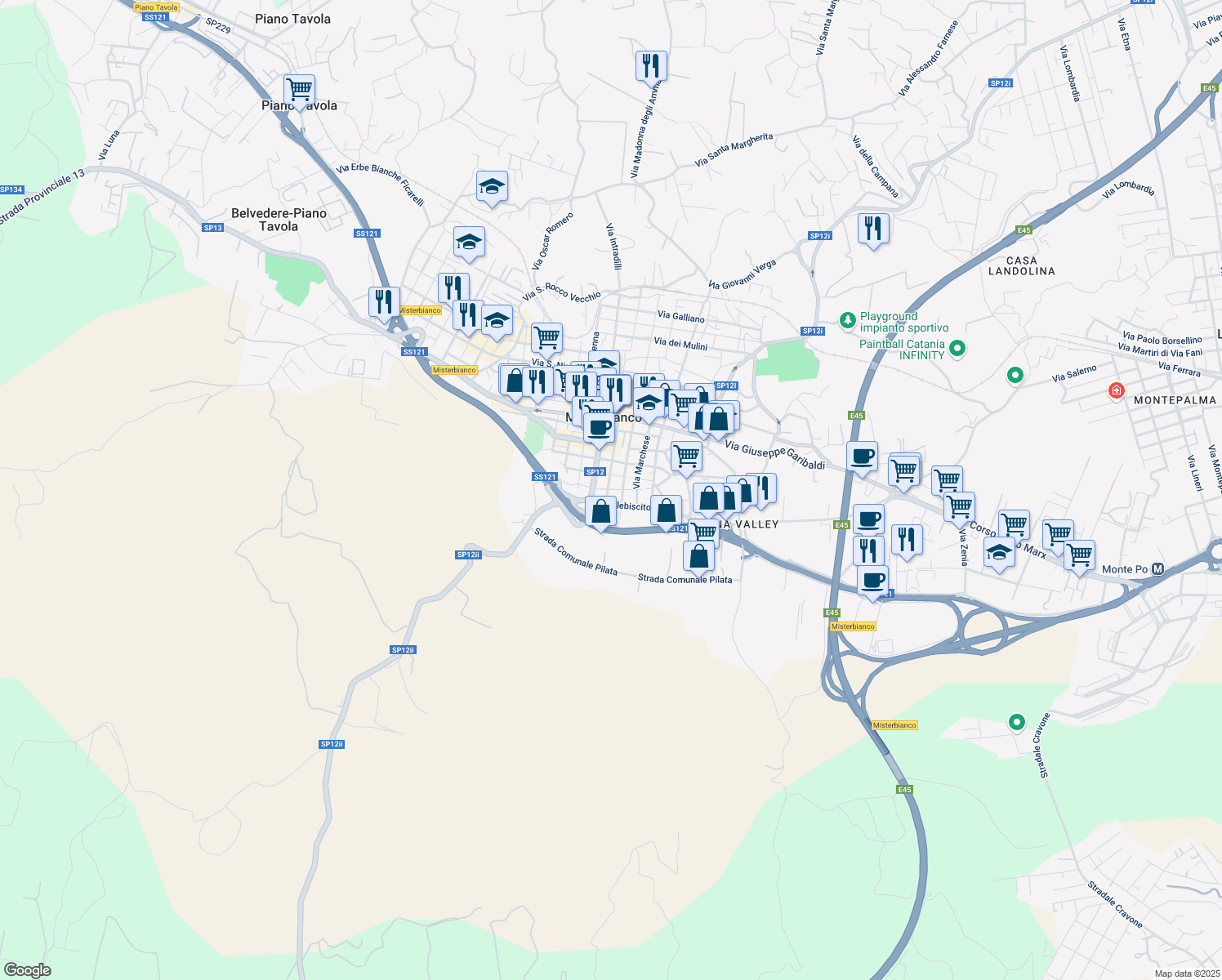 map of restaurants, bars, coffee shops, grocery stores, and more near 101 Via dei Mille in Misterbianco