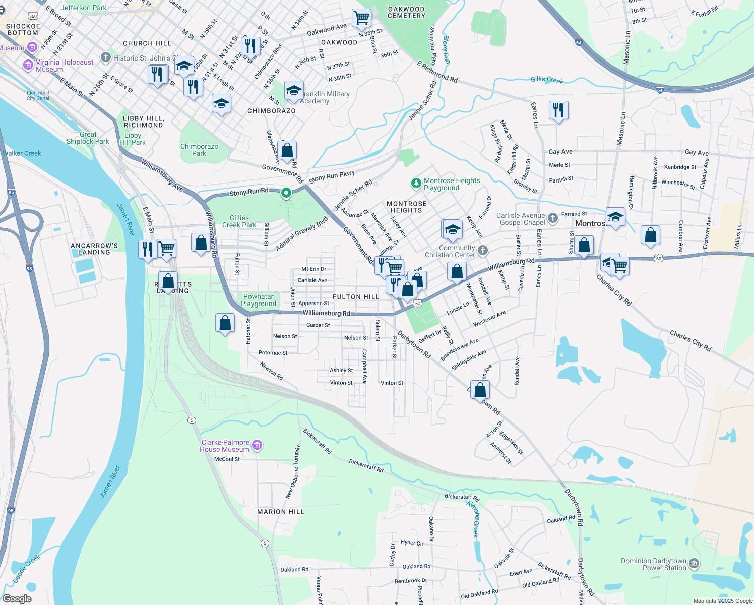 map of restaurants, bars, coffee shops, grocery stores, and more near 1529 National Street in Richmond