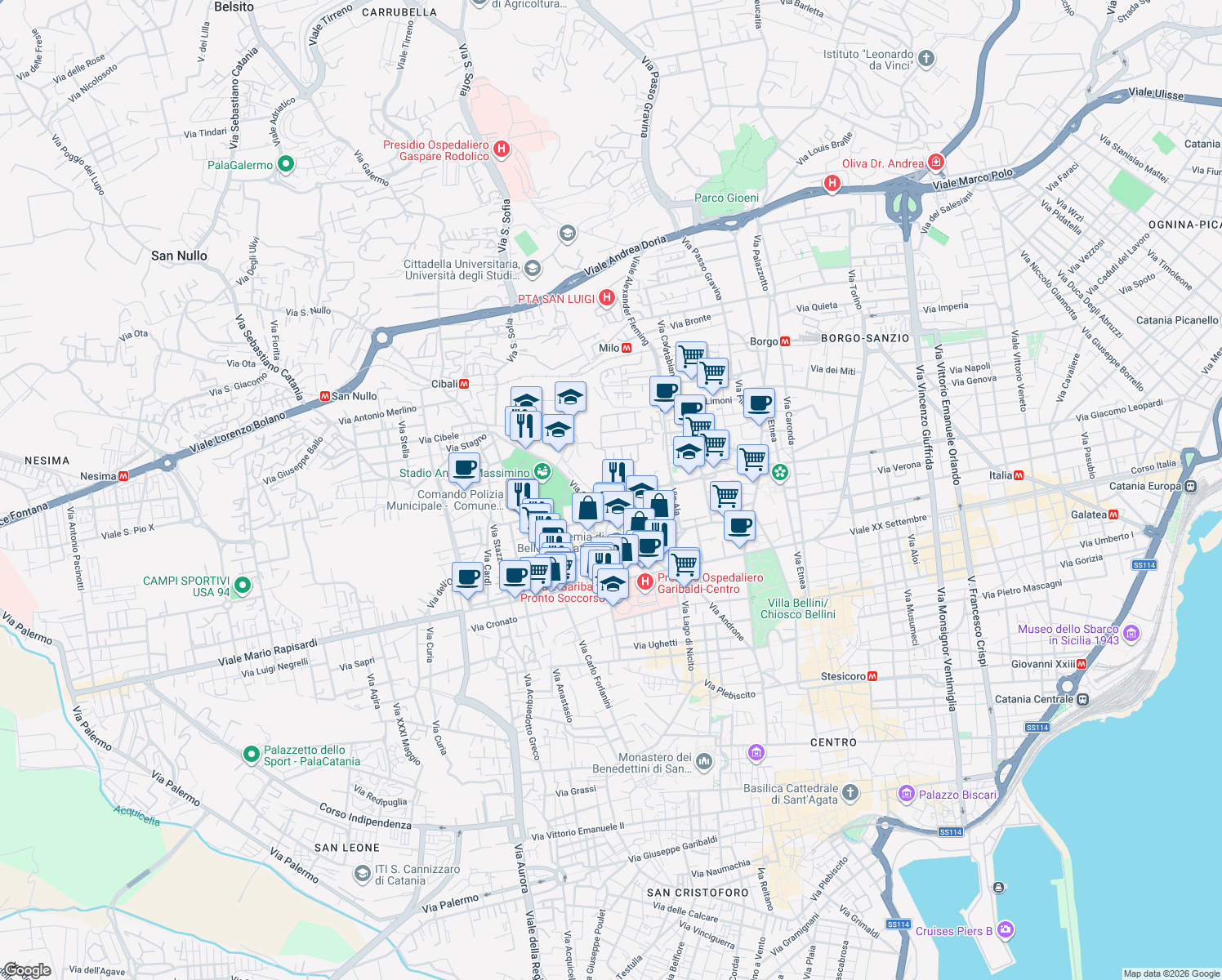 map of restaurants, bars, coffee shops, grocery stores, and more near 4 Via Pietro Verri in Catania