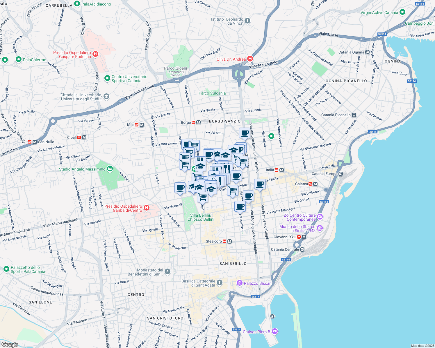 map of restaurants, bars, coffee shops, grocery stores, and more near 14 Largo Rosolino Pilo in Catania