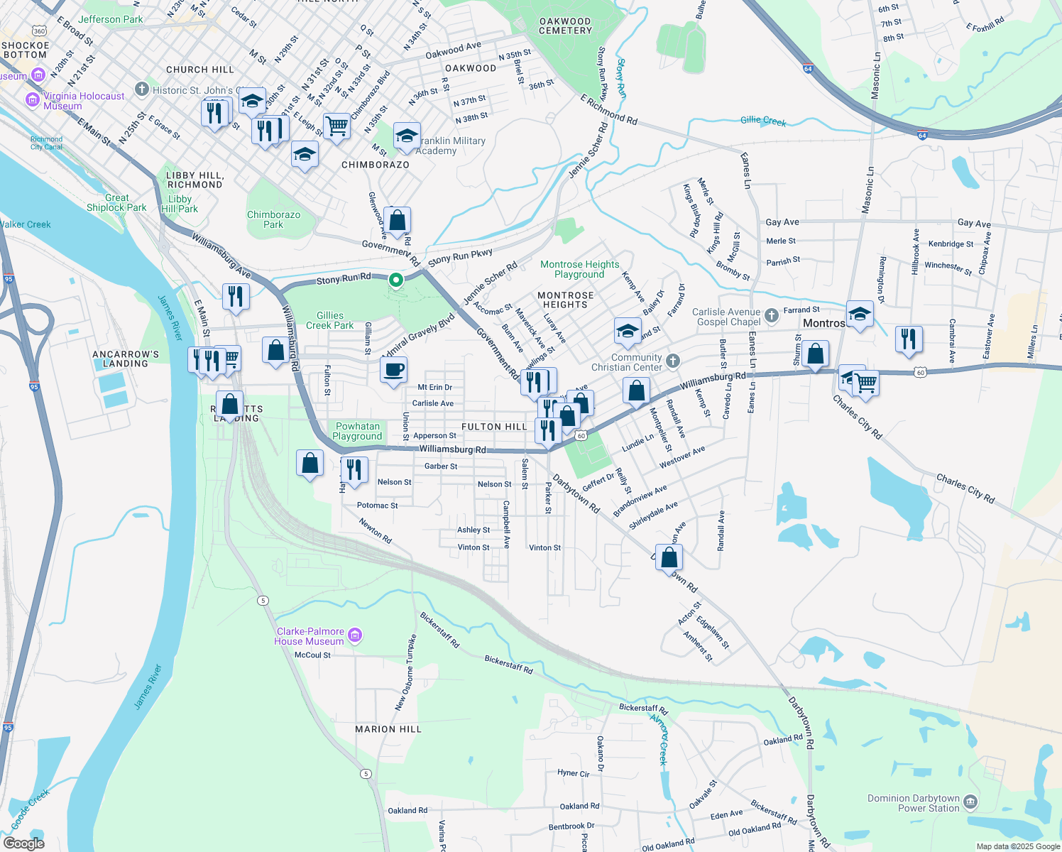 map of restaurants, bars, coffee shops, grocery stores, and more near 1602 National Street in Richmond