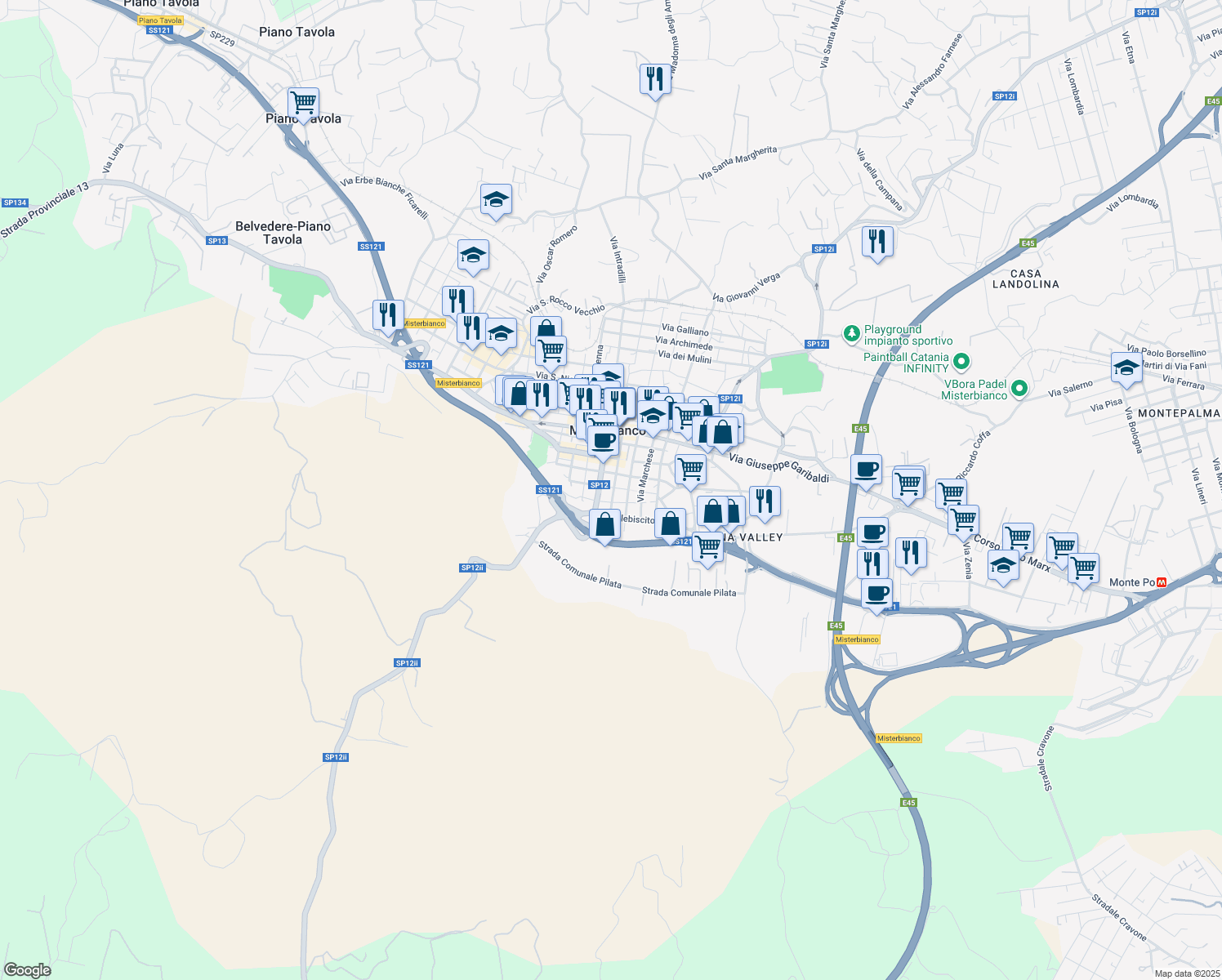 map of restaurants, bars, coffee shops, grocery stores, and more near 84-98 Via Giordano Bruno in Misterbianco