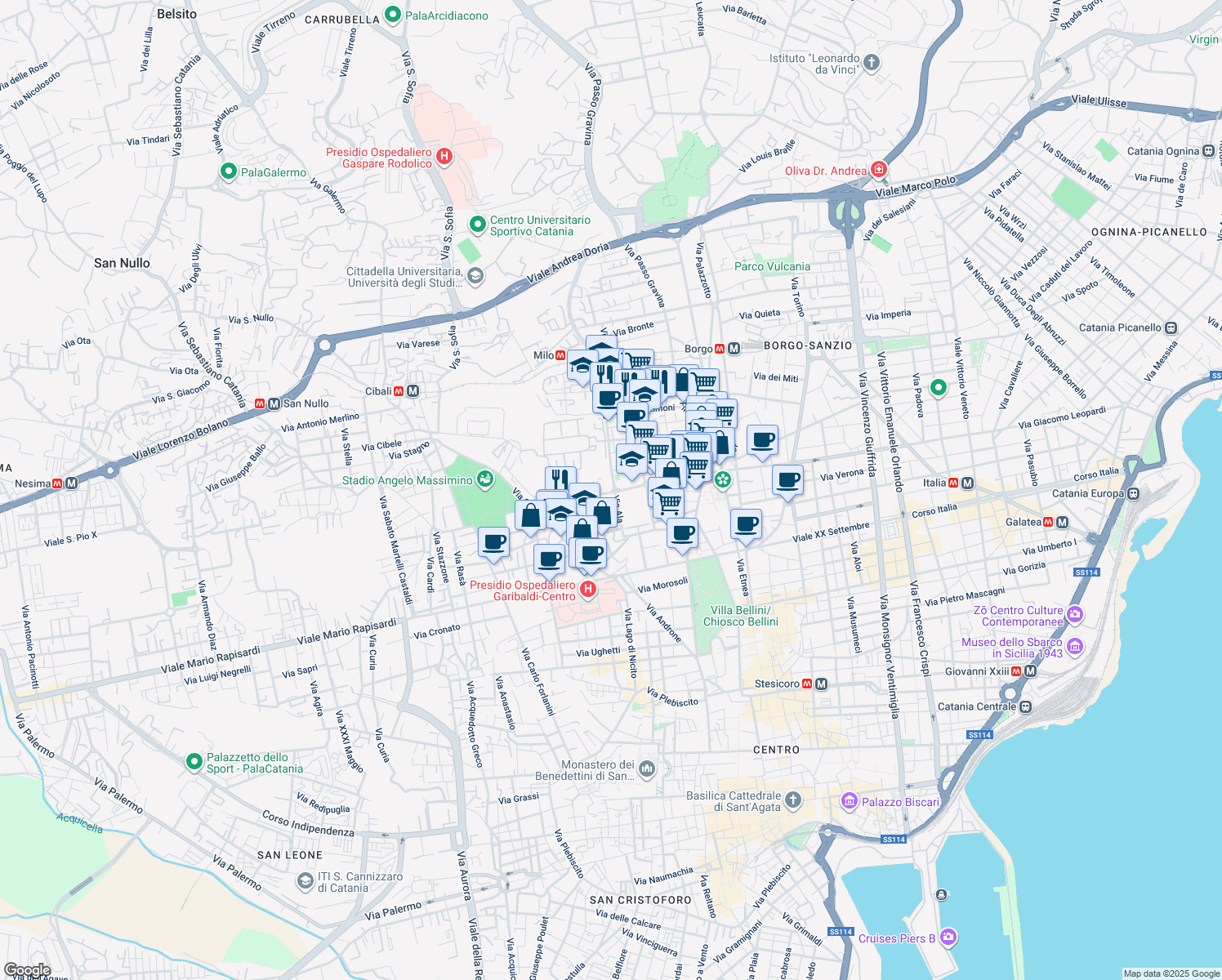 map of restaurants, bars, coffee shops, grocery stores, and more near 67 Via Ala in Catania