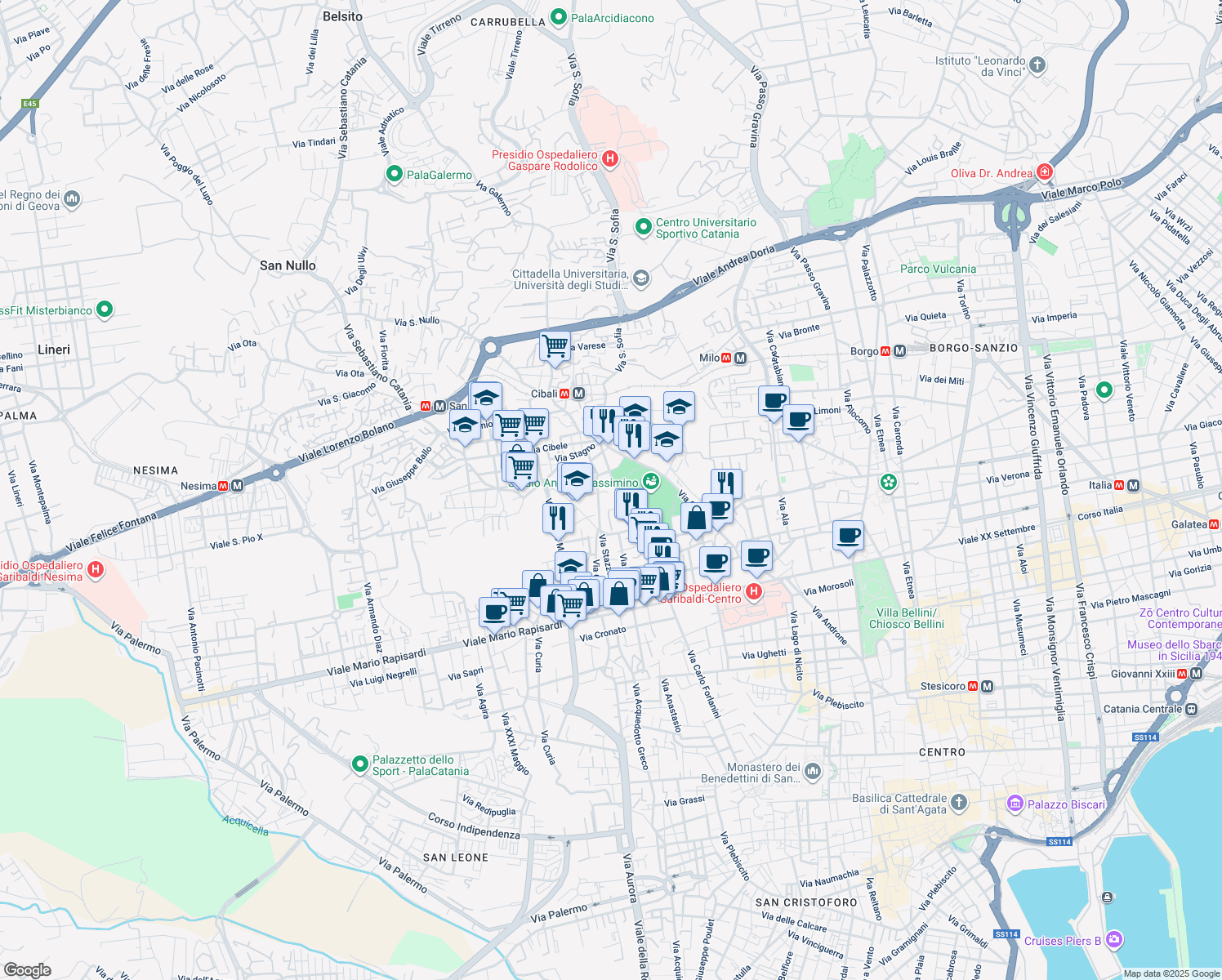 map of restaurants, bars, coffee shops, grocery stores, and more near 86 Via Cantone in Catania