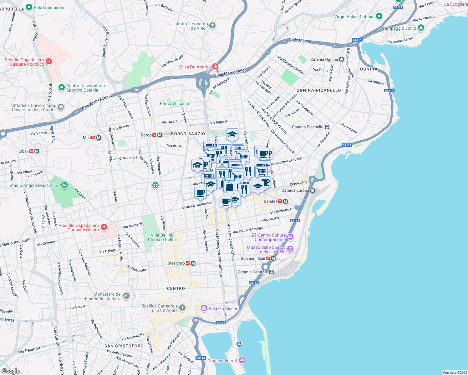 map of restaurants, bars, coffee shops, grocery stores, and more near 42-64 Via Firenze in Catania