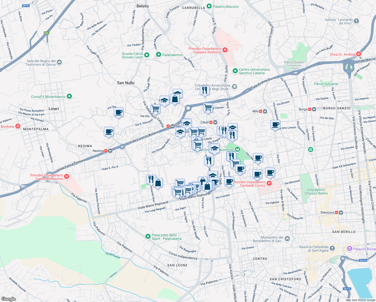 map of restaurants, bars, coffee shops, grocery stores, and more near 17/a Via Francesco Marletta in Catania