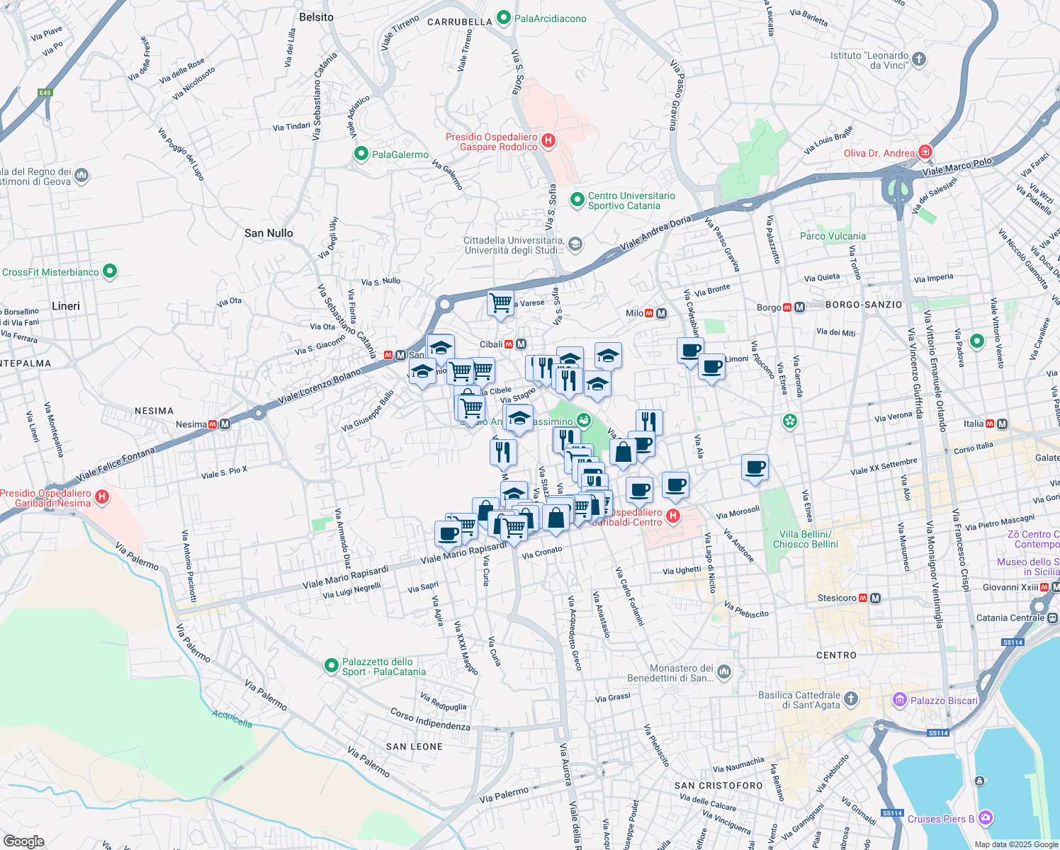 map of restaurants, bars, coffee shops, grocery stores, and more near 86 Via Cantone in Catania