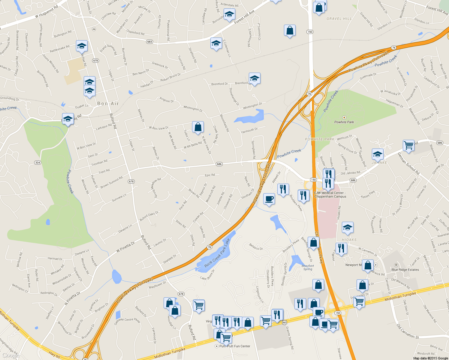 map of restaurants, bars, coffee shops, grocery stores, and more near 7824 Bagwell Drive in Richmond