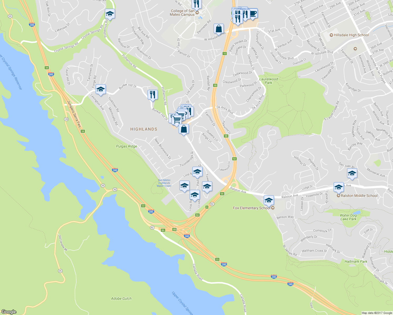 map of restaurants, bars, coffee shops, grocery stores, and more near 2371 Ticonderoga Drive in San Mateo