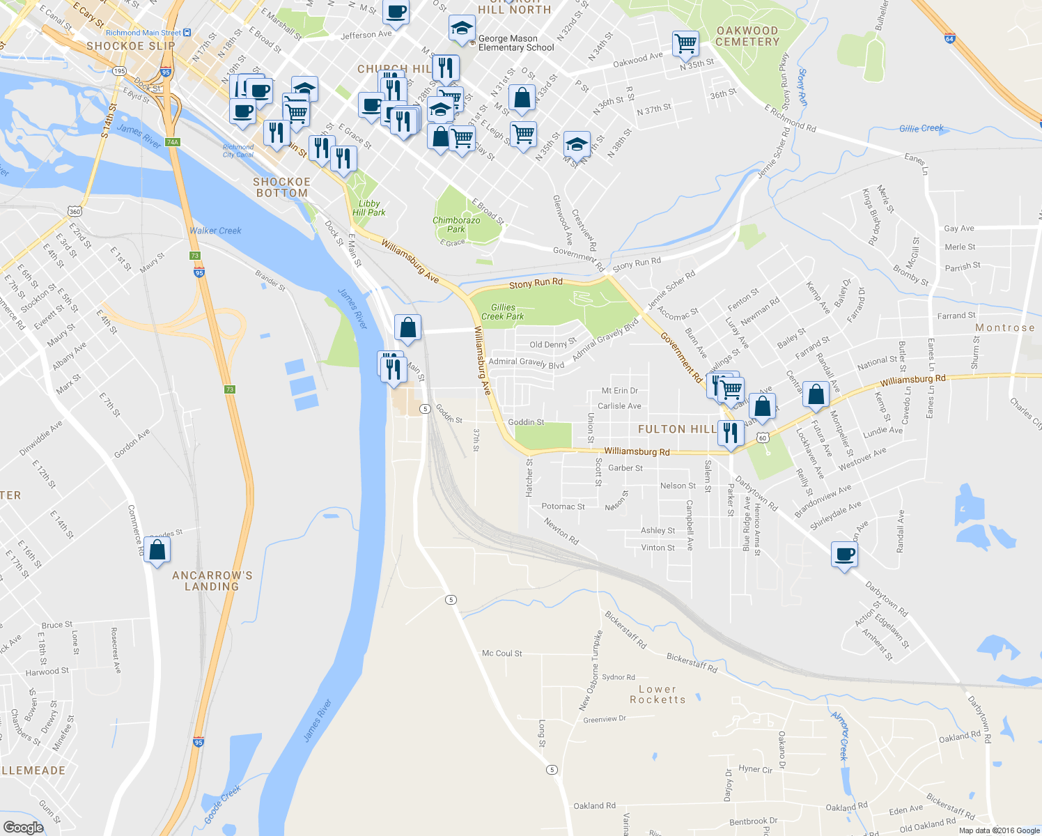 map of restaurants, bars, coffee shops, grocery stores, and more near 708 Goddin Street in Richmond