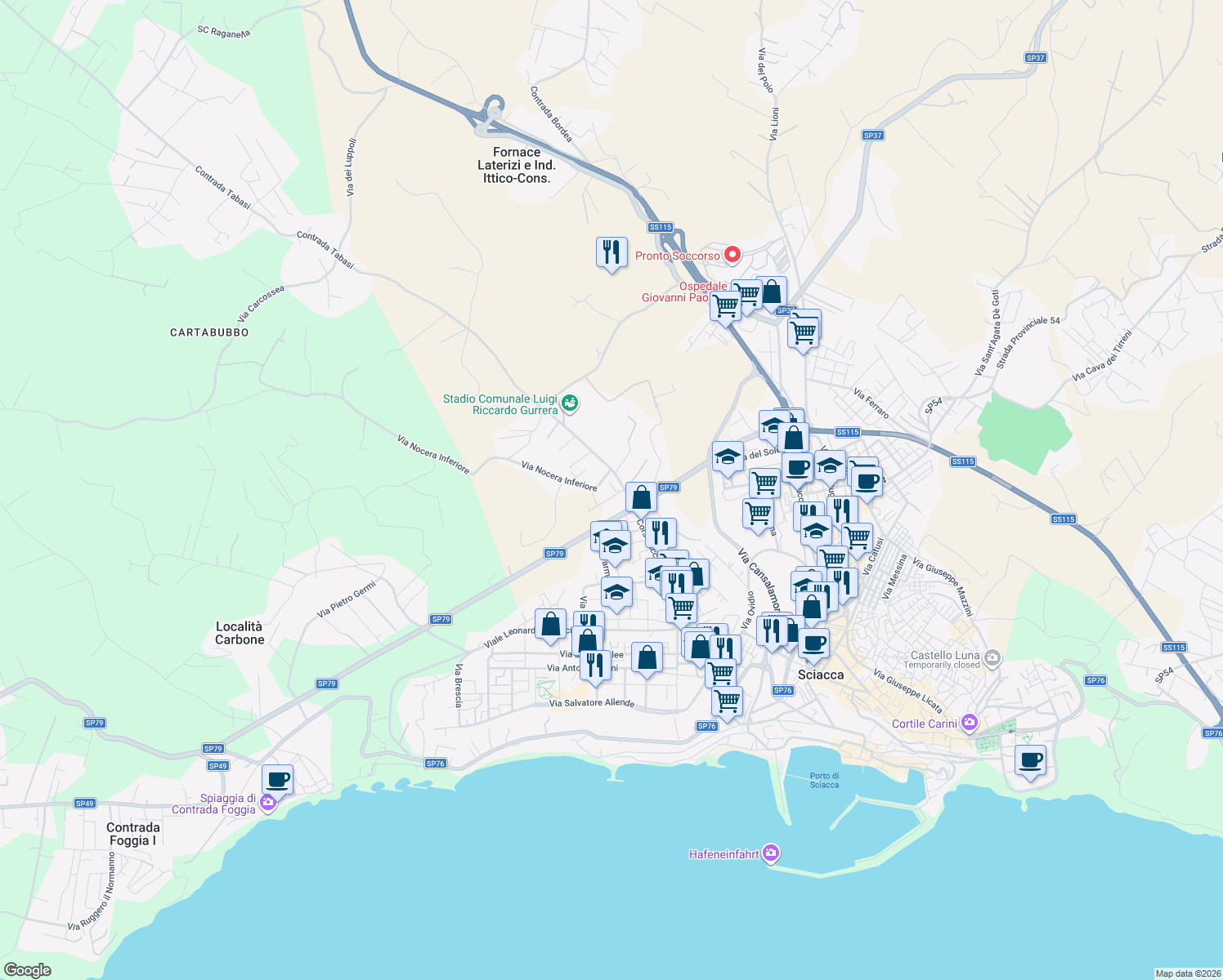 map of restaurants, bars, coffee shops, grocery stores, and more near Via Nocera Inferiore in Libero consorzio comunale di Agrigento