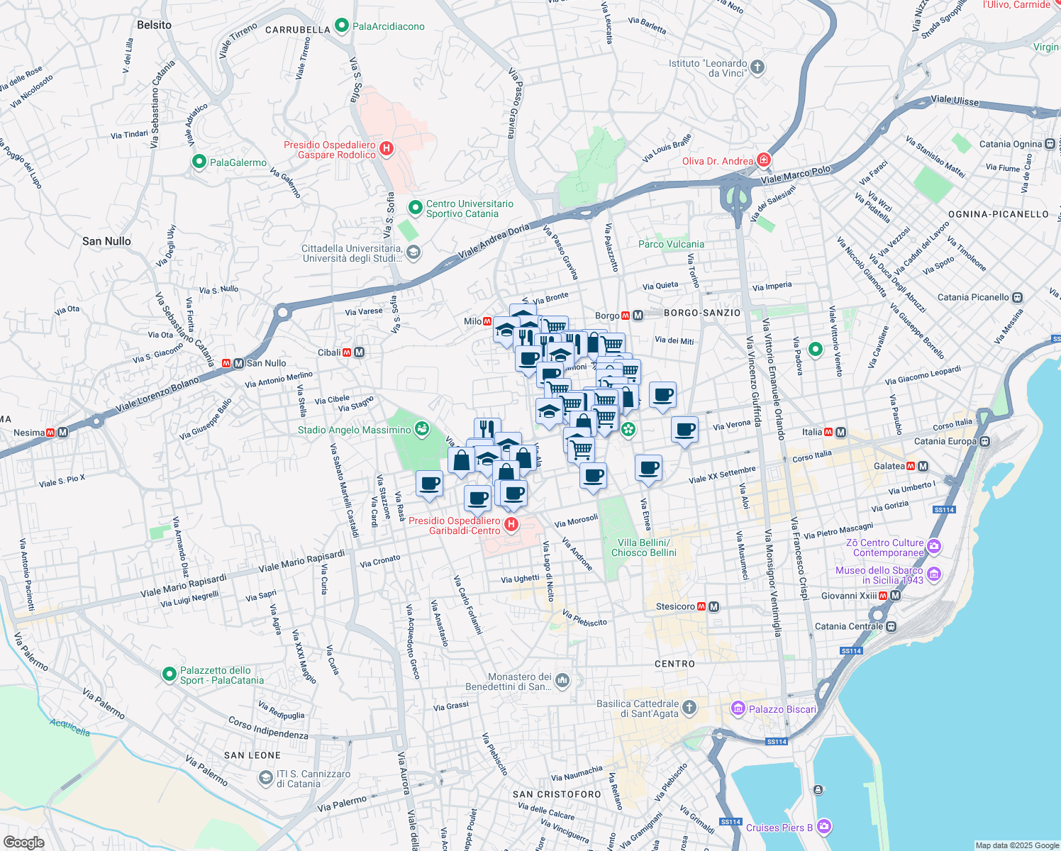 map of restaurants, bars, coffee shops, grocery stores, and more near 67 Via Ala in Catania