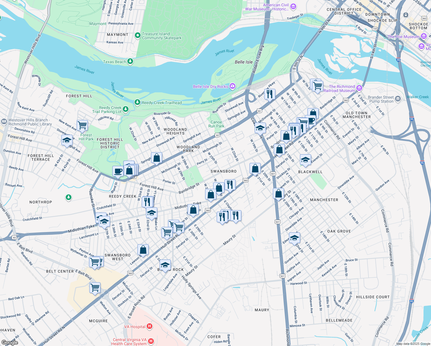 map of restaurants, bars, coffee shops, grocery stores, and more near 2515 Bainbridge St in Richmond
