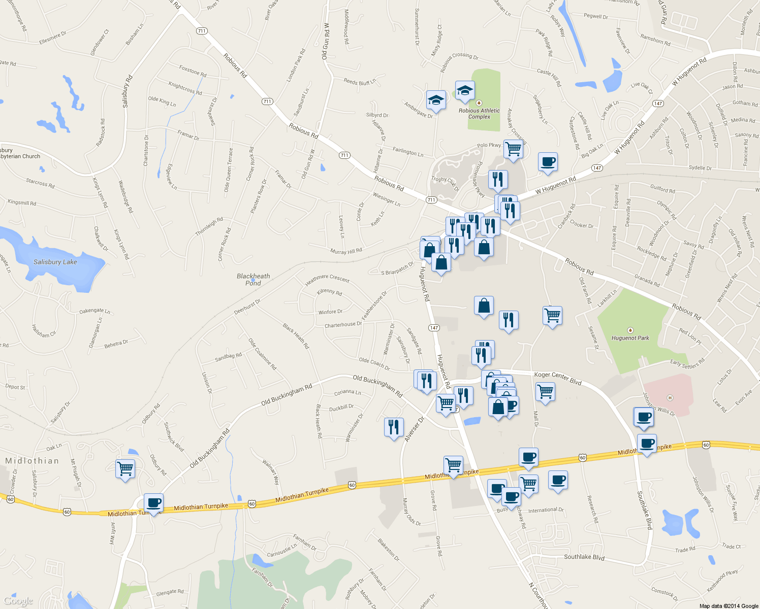 map of restaurants, bars, coffee shops, grocery stores, and more near 1736 Warminster Drive in Midlothian
