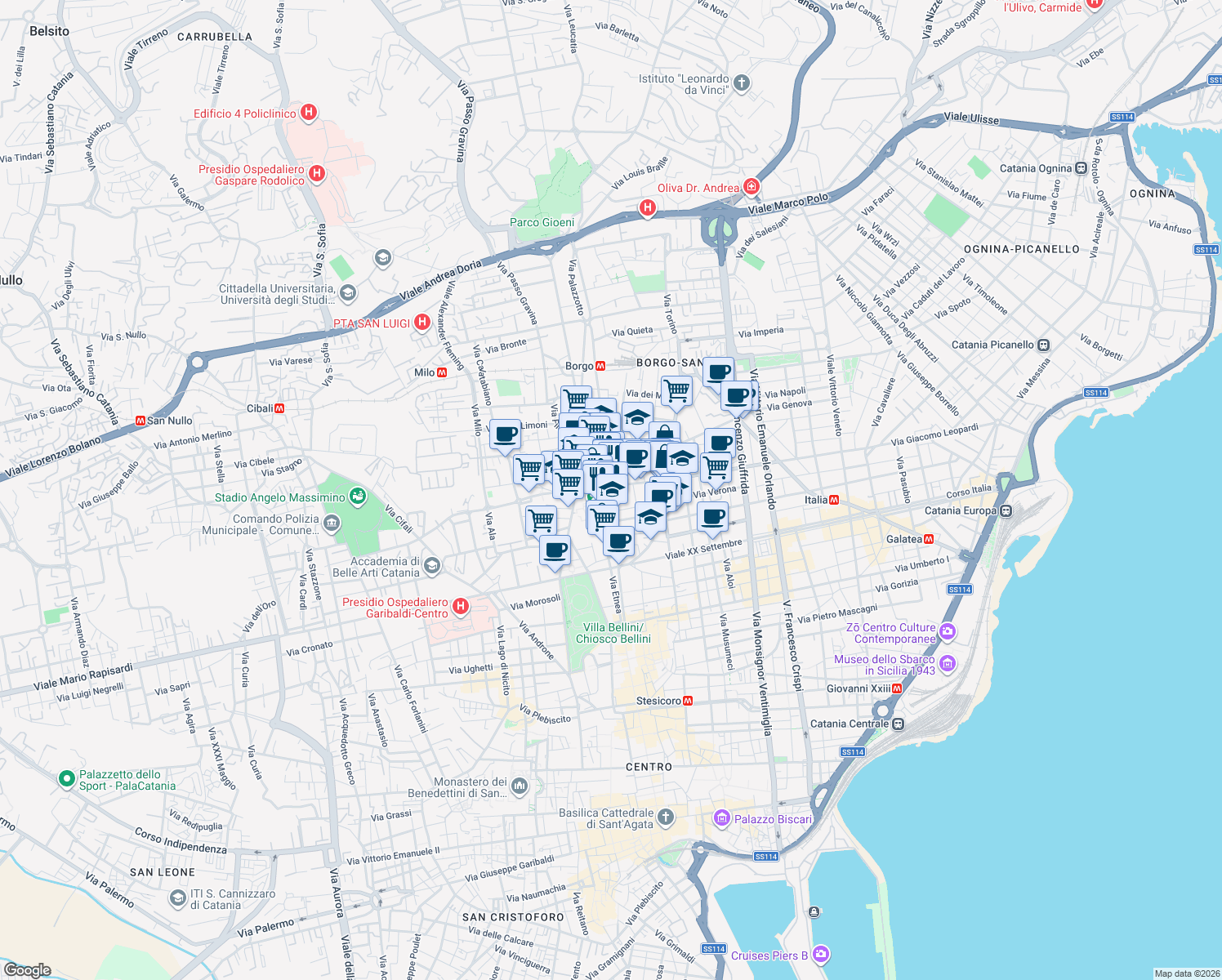 map of restaurants, bars, coffee shops, grocery stores, and more near 48 Via Monserrato in Catania