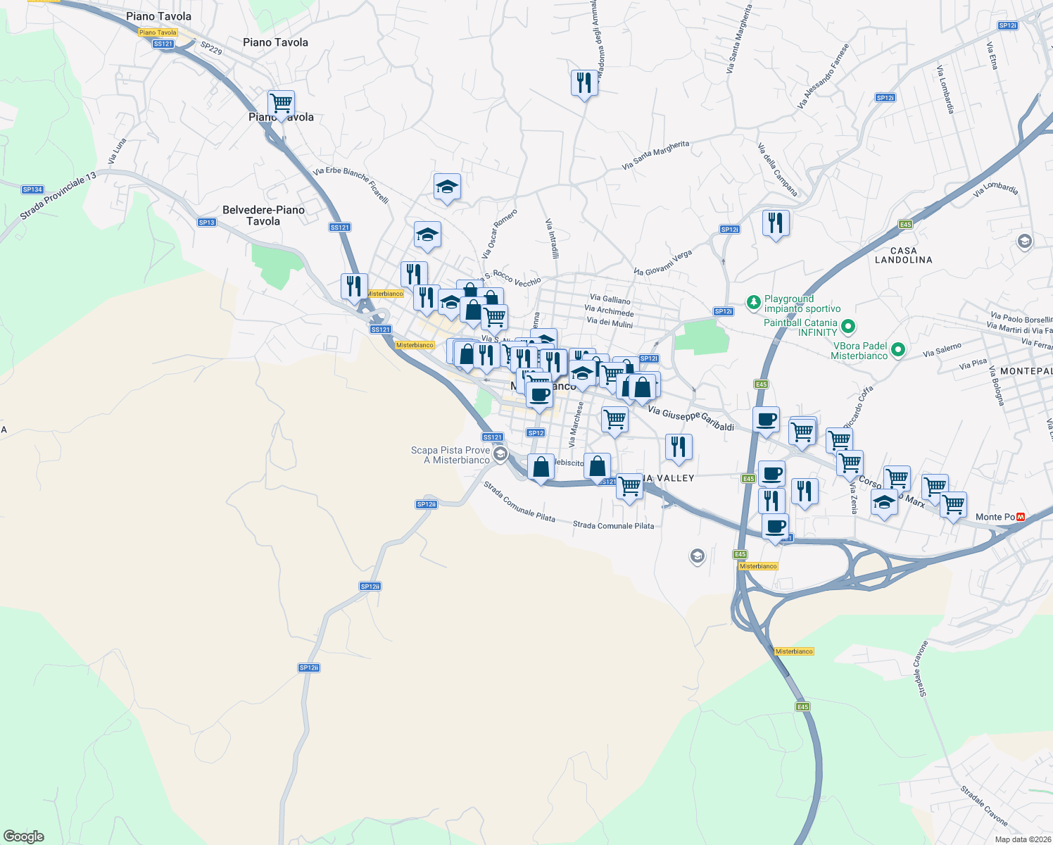 map of restaurants, bars, coffee shops, grocery stores, and more near 39 Via Palestro in Misterbianco