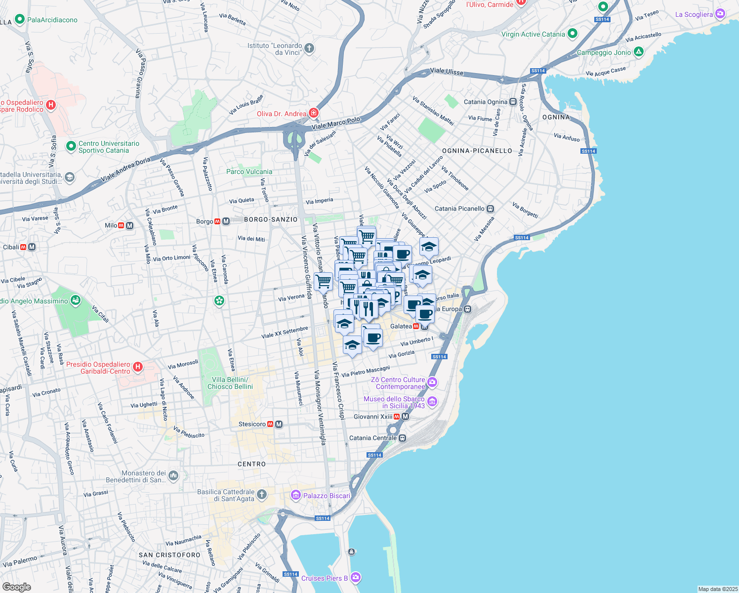 map of restaurants, bars, coffee shops, grocery stores, and more near 12 Viale Vittorio Veneto in Catania