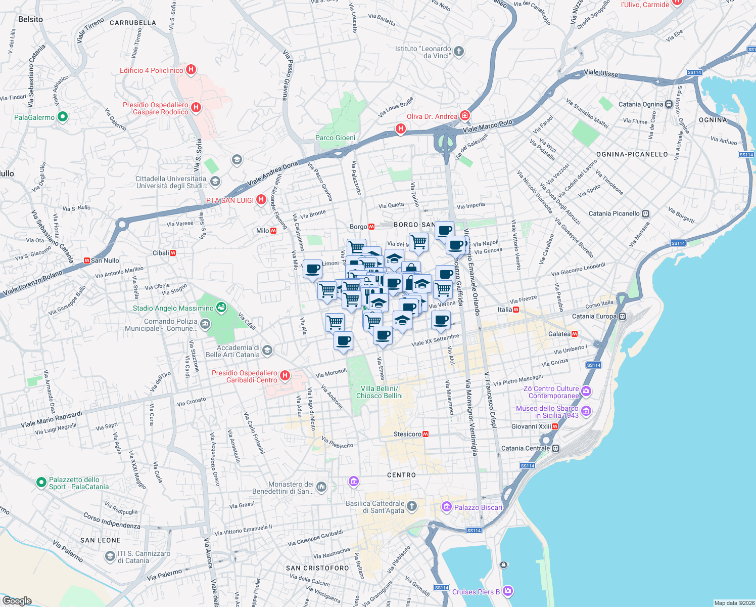 map of restaurants, bars, coffee shops, grocery stores, and more near 48 Via Monserrato in Catania