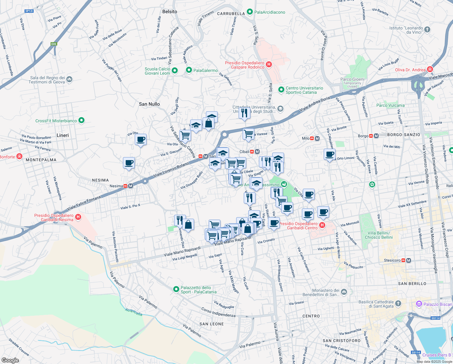 map of restaurants, bars, coffee shops, grocery stores, and more near 17 Via Francesco Marletta in Catania